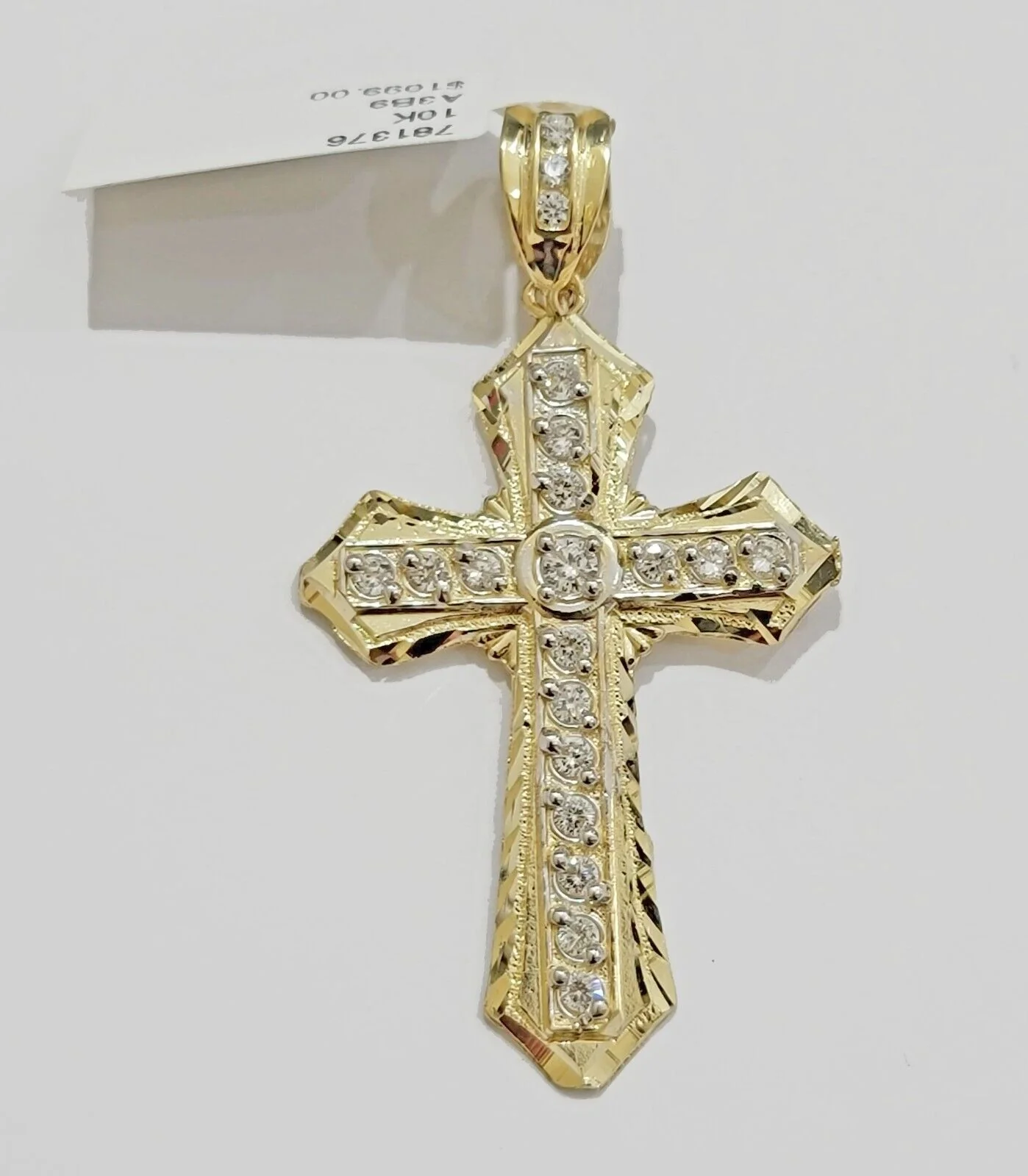 10k Yellow Gold Cross Charm pendant 2" Inch With Cubic Zirconia For Sale - Image 3