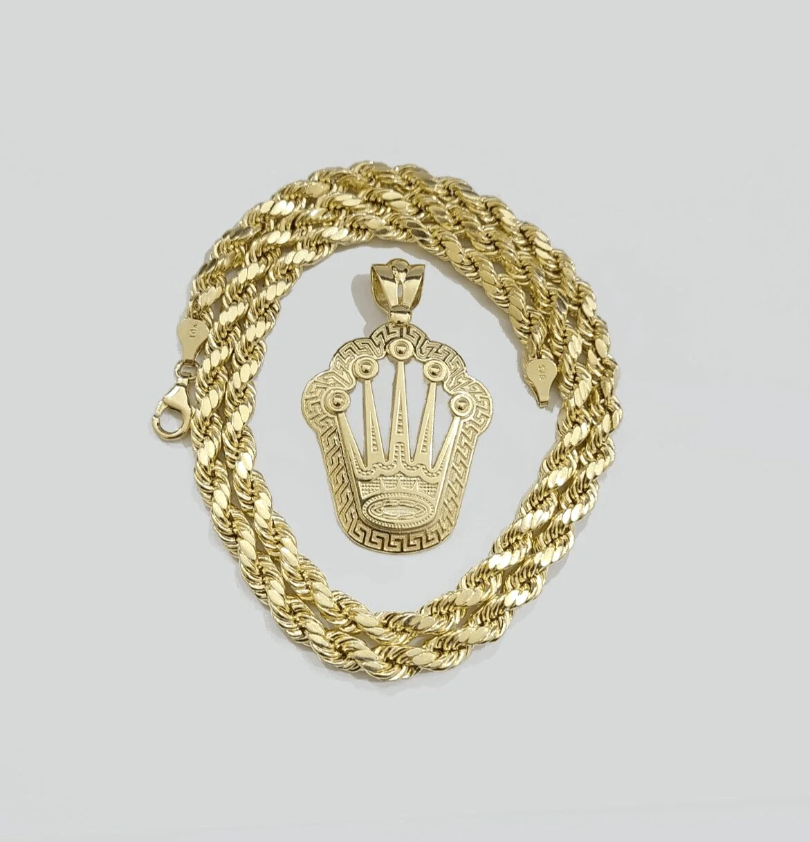 10k Yellow Gold Crown Charm Rope Chain Necklace 7mm 2'' Pendant 10kt Real - Image 11