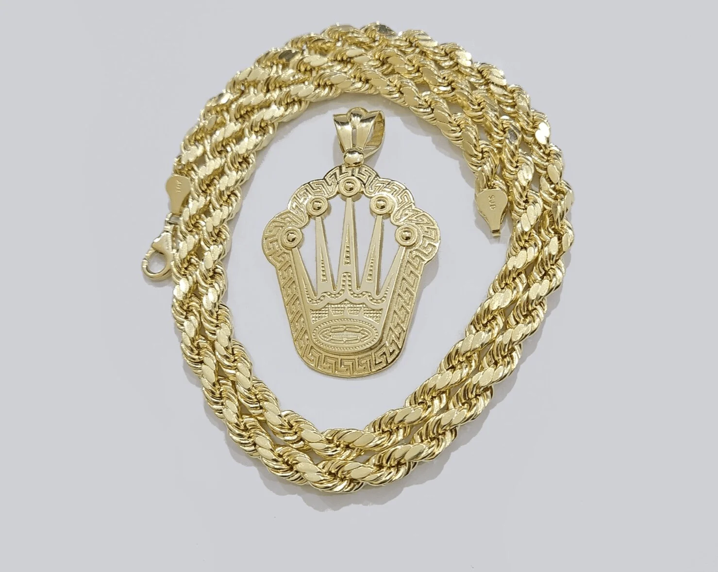 10k Yellow Gold Crown Charm Rope Chain Necklace 7mm 2'' Pendant 10kt Real - Image 7