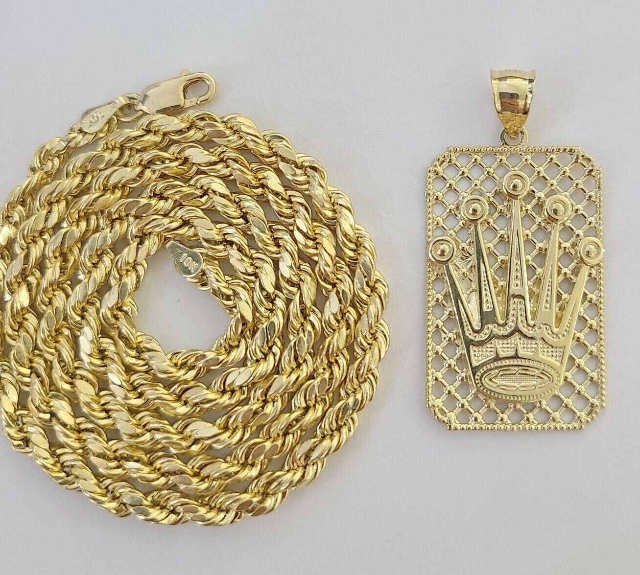Real 10K Yellow Gold Crown Pendent 4mm Rope Chain 18" 20" 22"24"26" Inch - Image 2
