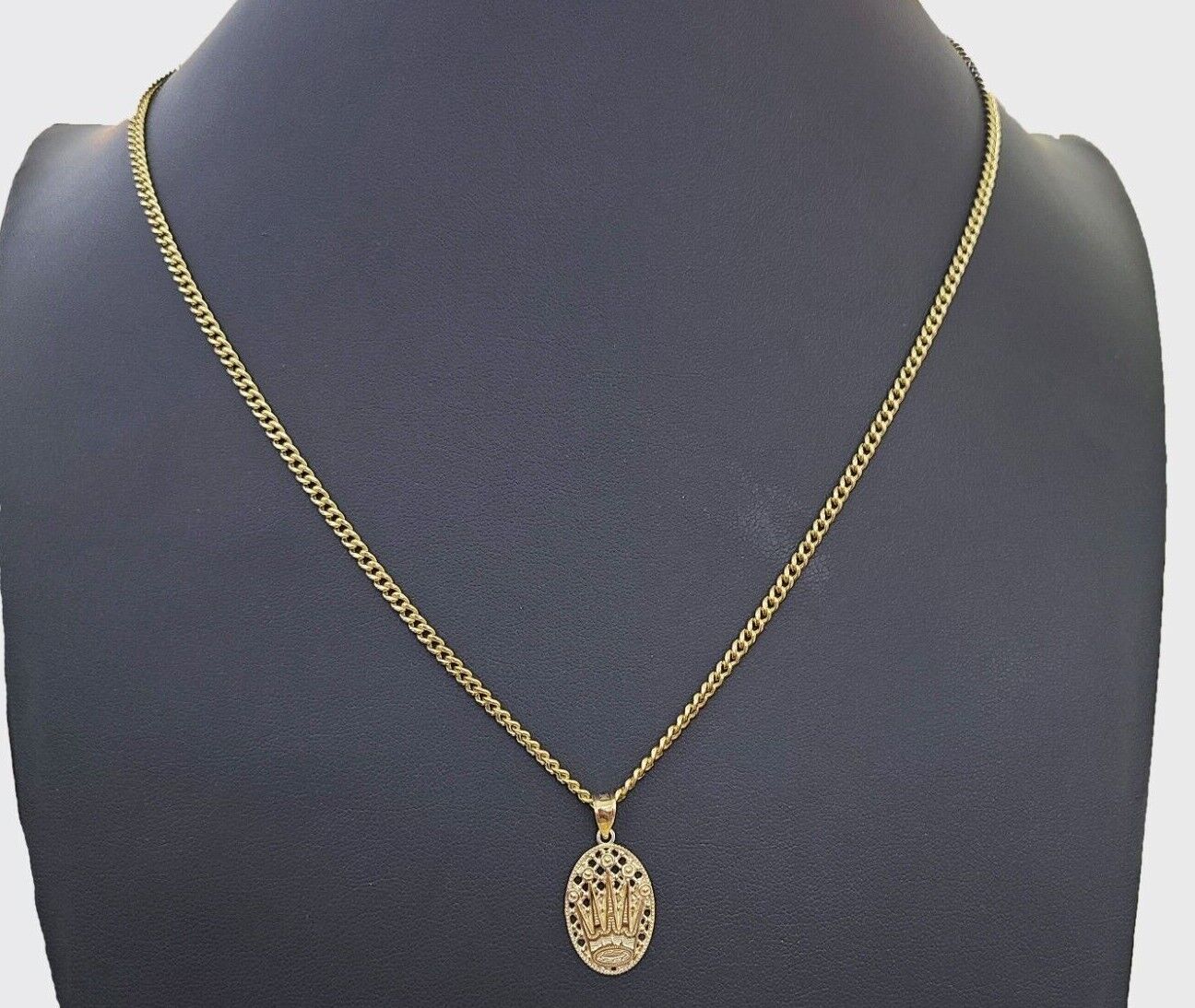 10K Yellow Gold Crown Pendent Charm 3mm Miami Cubn Chain 18" 20" 22" 24" 26"Inch - Image 3