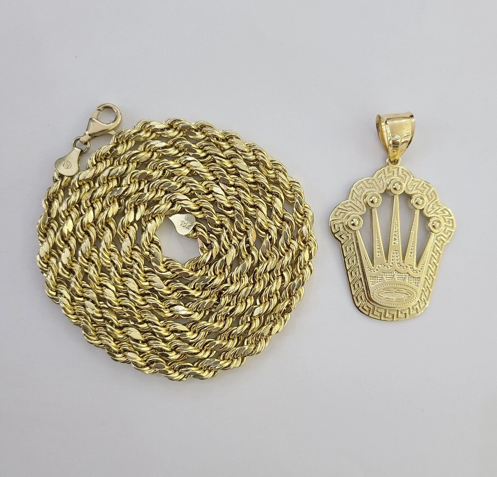 10K Yellow Gold Crown Pendent Charm 6mm Rope Chain 18" - 30" Inch Real - Image 2