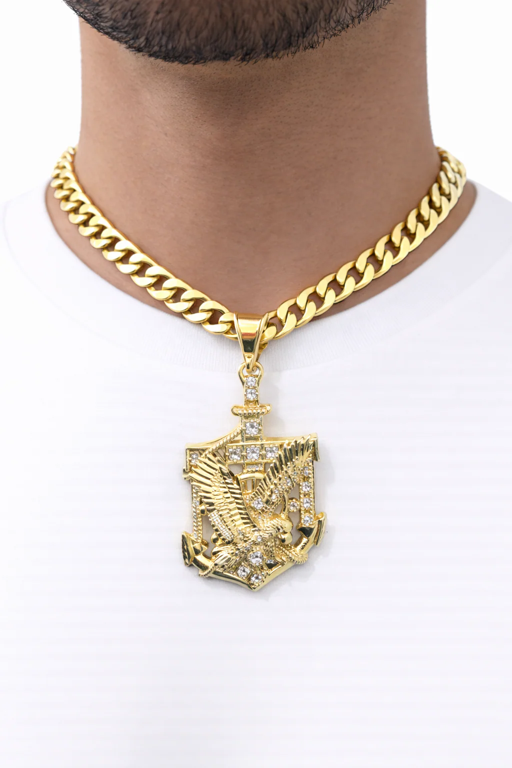 10k Yellow Gold Cuban Curb Chain SET Eagle Anchor Pendant Charm 8mm Necklace Men