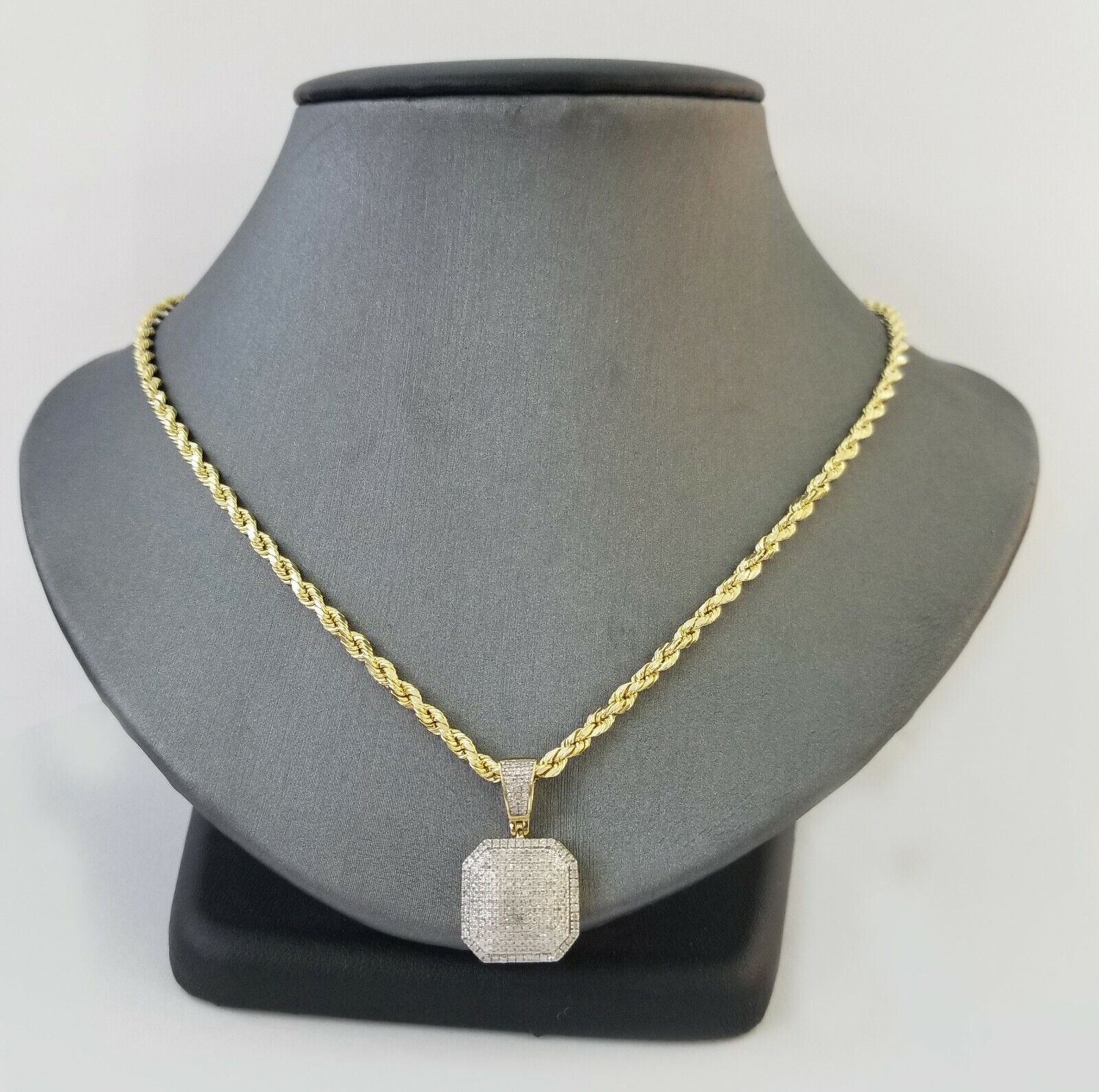 10K Yellow Gold Diamond Charm rope chain 3mm 20" SET  Pillow Pendant Necklace