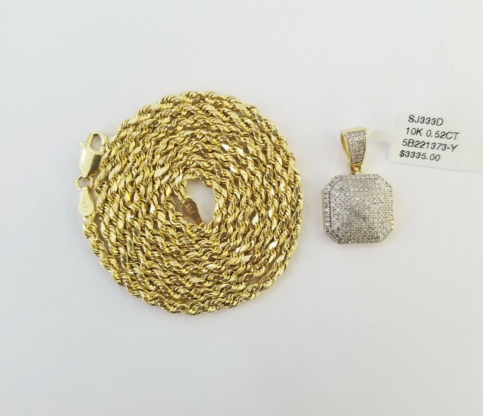 10K Yellow Gold Diamond Charm rope chain 3mm 22" SET & Pillow Pendant & Neckalce - Image 3