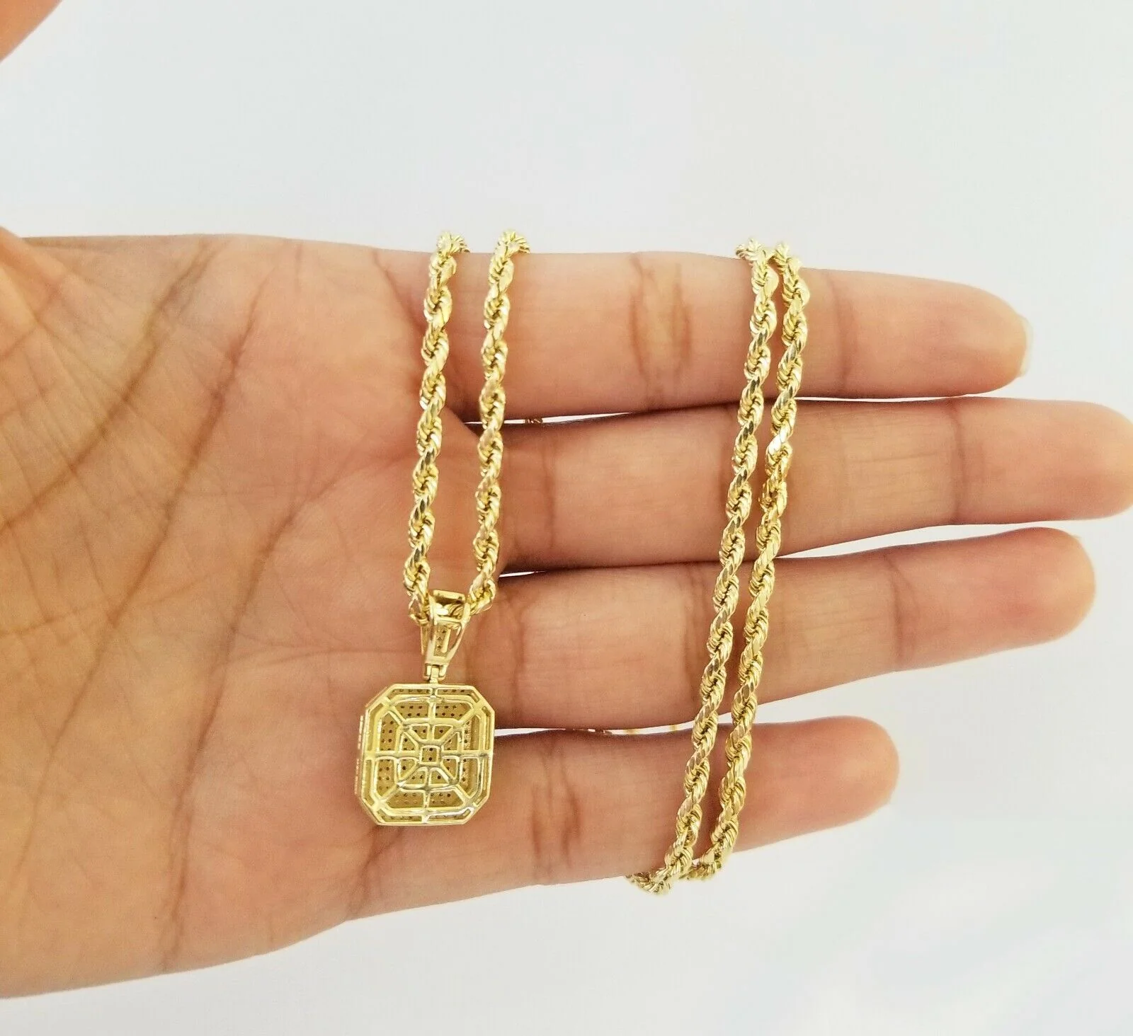 10K Yellow Gold Diamond Charm rope chain 3mm 26" SET & Pendant & Neckalce men's - Image 7