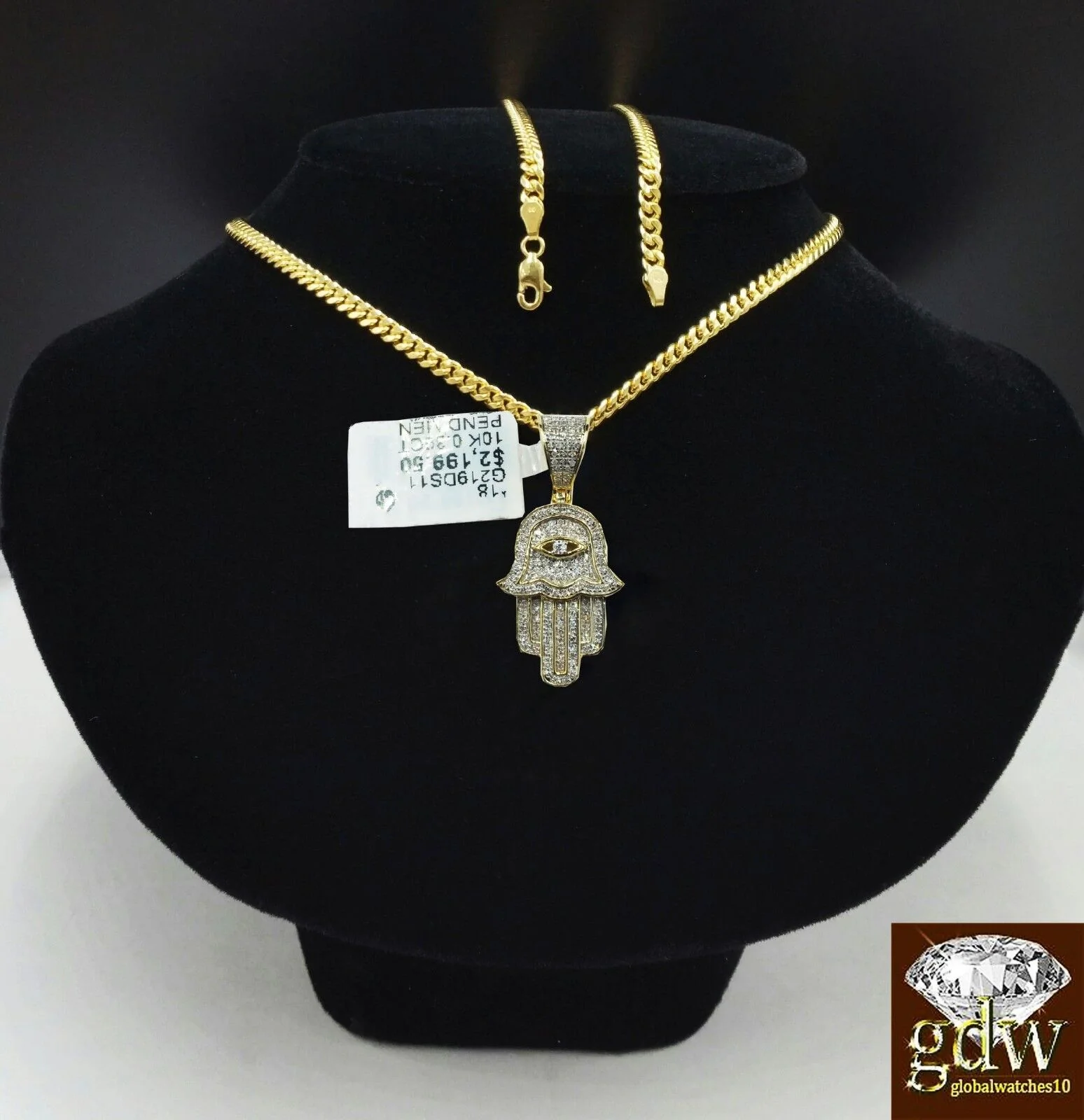 10k Yellow Gold Natural Diamond Hamsa Hand Pendant 20" Miami Cuban Chain