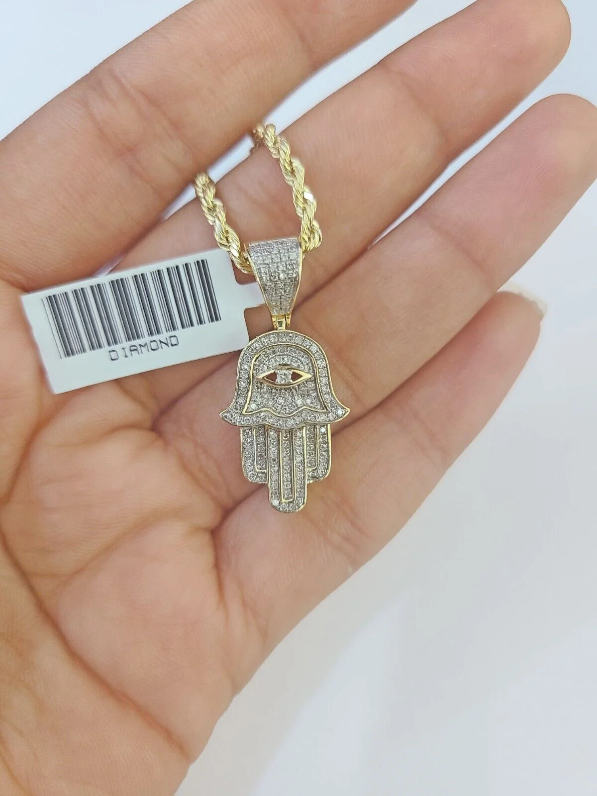 10k Yellow Gold & Diamond Hamsa Hand Charm and 18" inches Rope Chain - Image 2