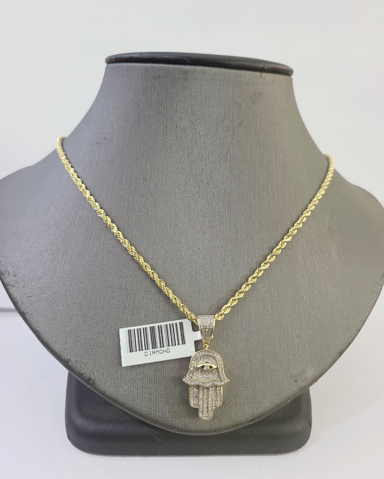 10k Yellow Gold & Diamond Hamsa Hand Charm and 22" inches Rope Chain - Image 2