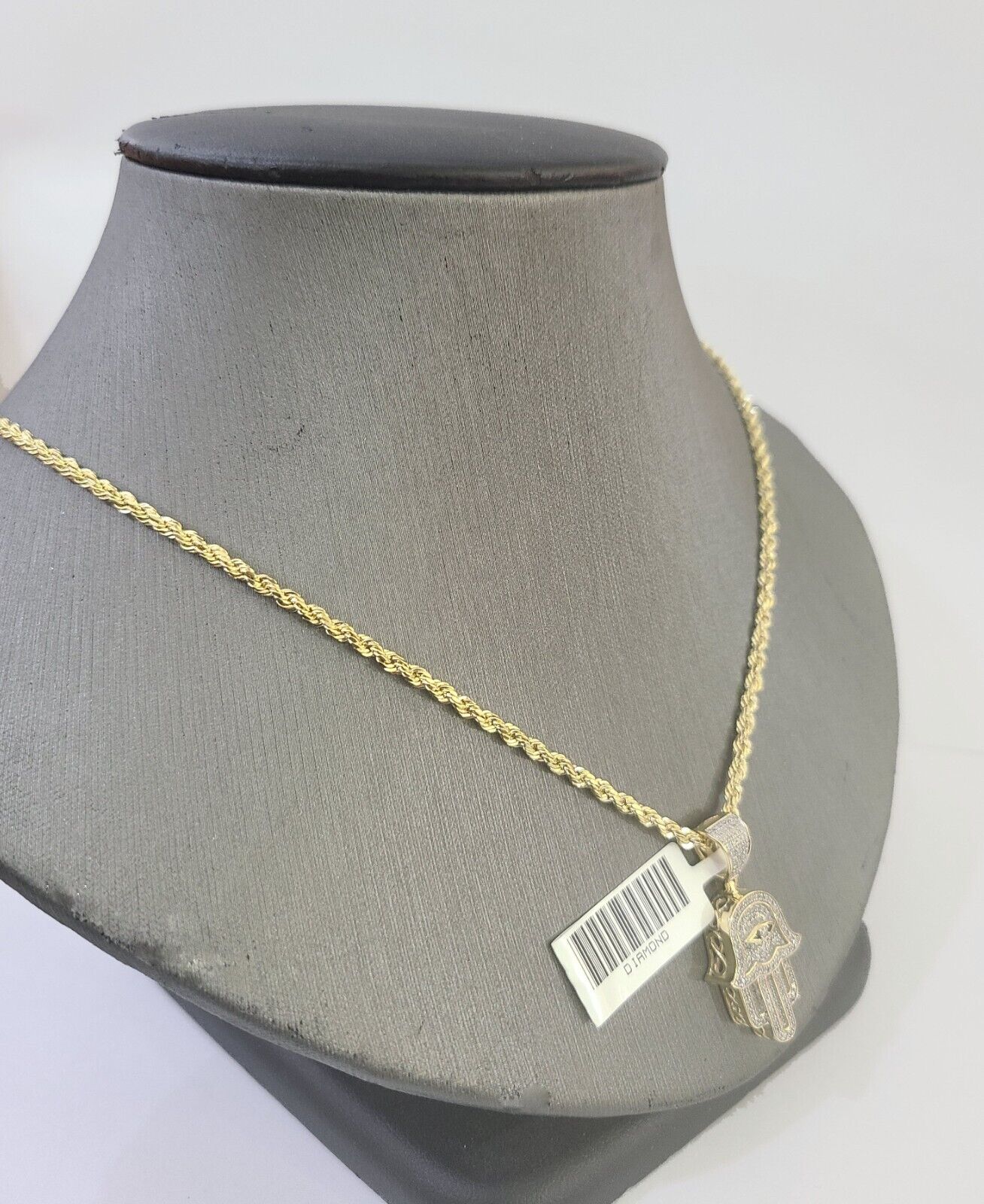 10k Yellow Gold & Diamond Hamsa Hand Charm and 24" inches Rope Chain - Image 5