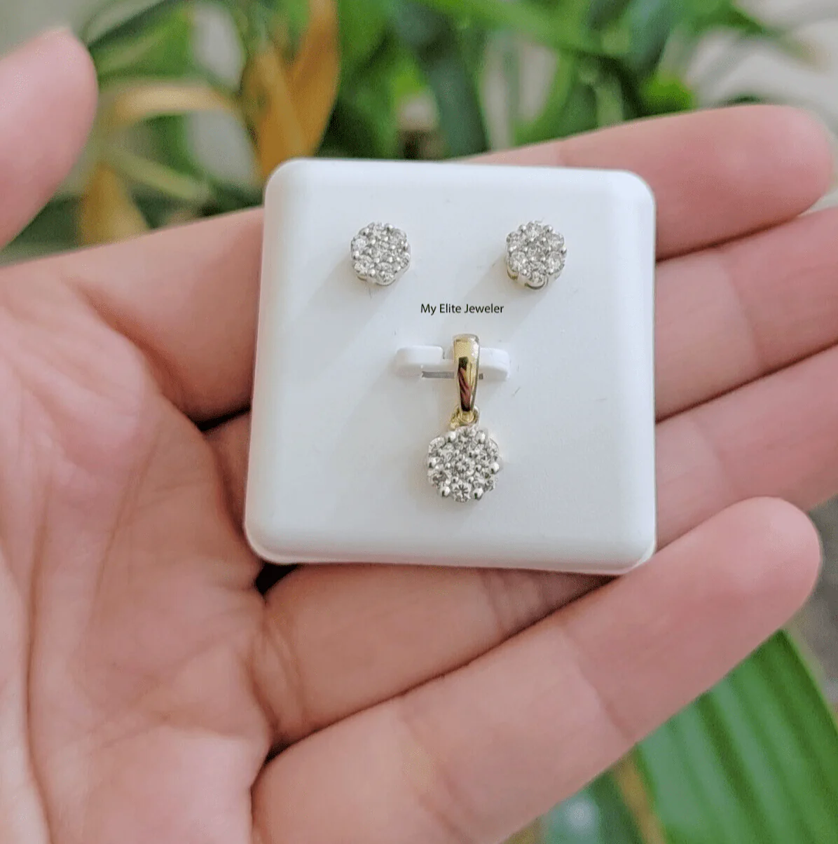 10k Yellow Gold Diamond Necklace Earring Set Ladies Charm Pendant stud Real Diam - Image 3