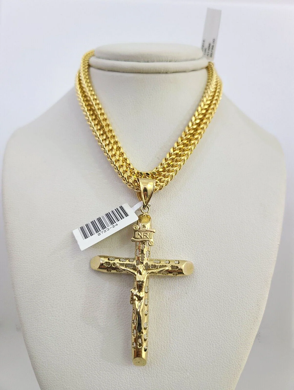 10k Yellow Gold Franco Chain INRI Cross Charm Pendant 4mm 18-28 Inches Necklace