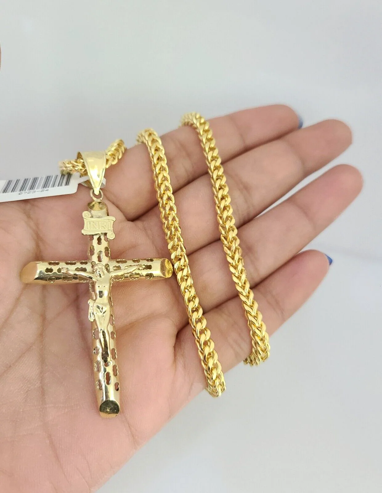 10k Yellow Gold Franco Chain INRI Cross Charm Pendant 4mm 18-28 Inches Necklace - Image 2