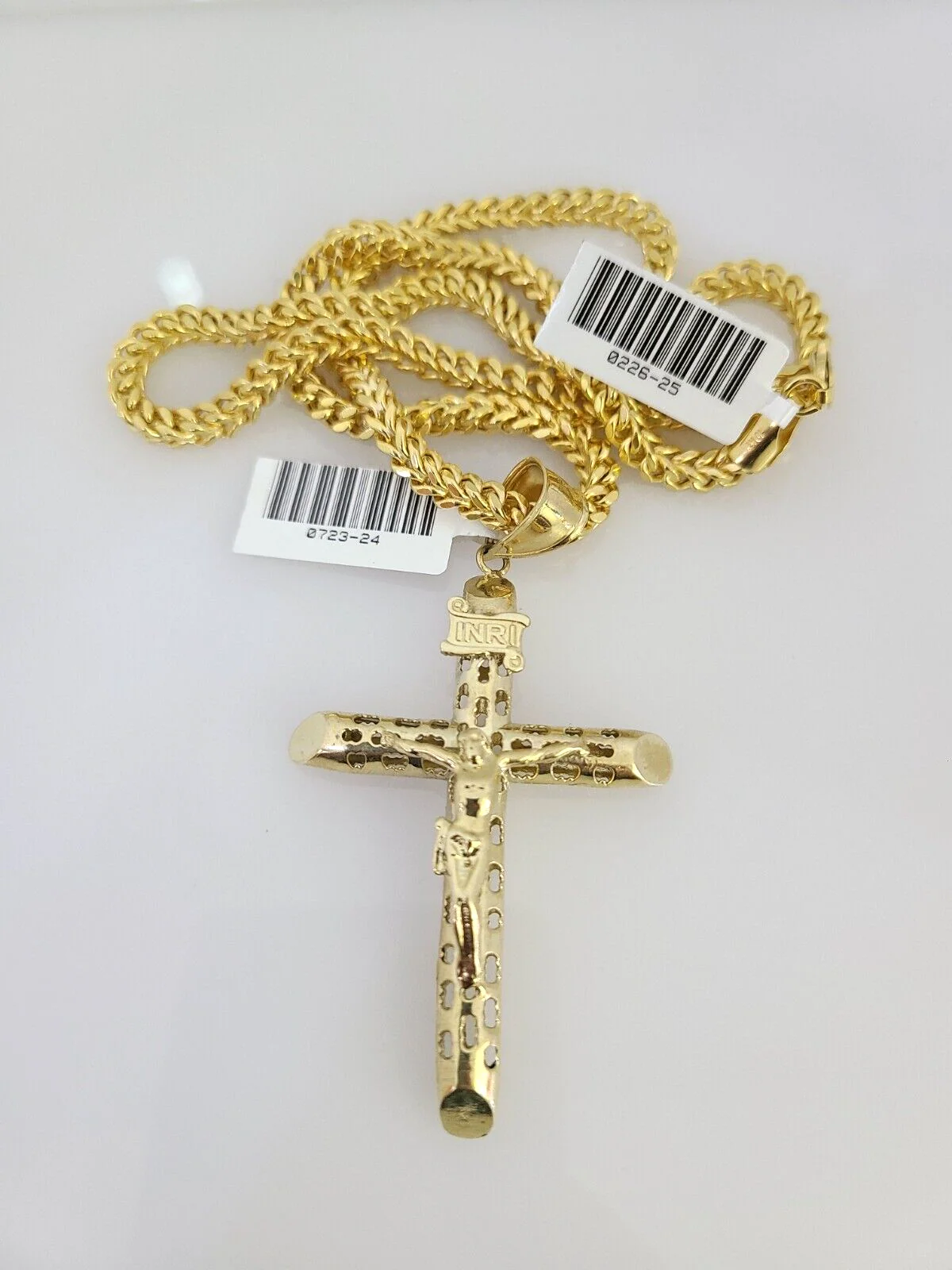 10k Yellow Gold Franco Chain INRI Cross Charm Pendant 4mm 18-28 Inches Necklace - Image 3