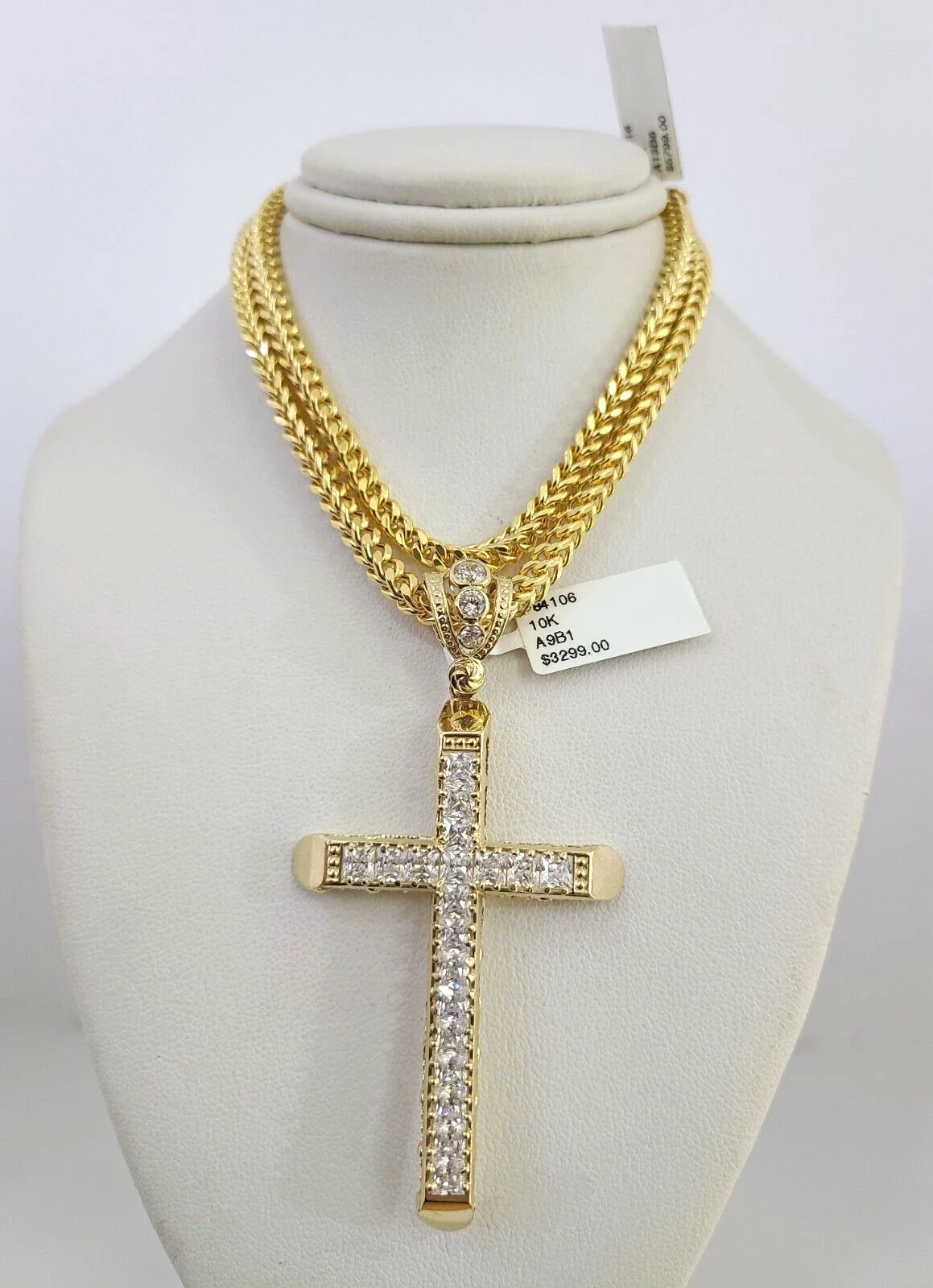 10k Yellow Gold Franco Chain Jesus Cross Charm Pendant 4mm 18-28 Inch Necklace