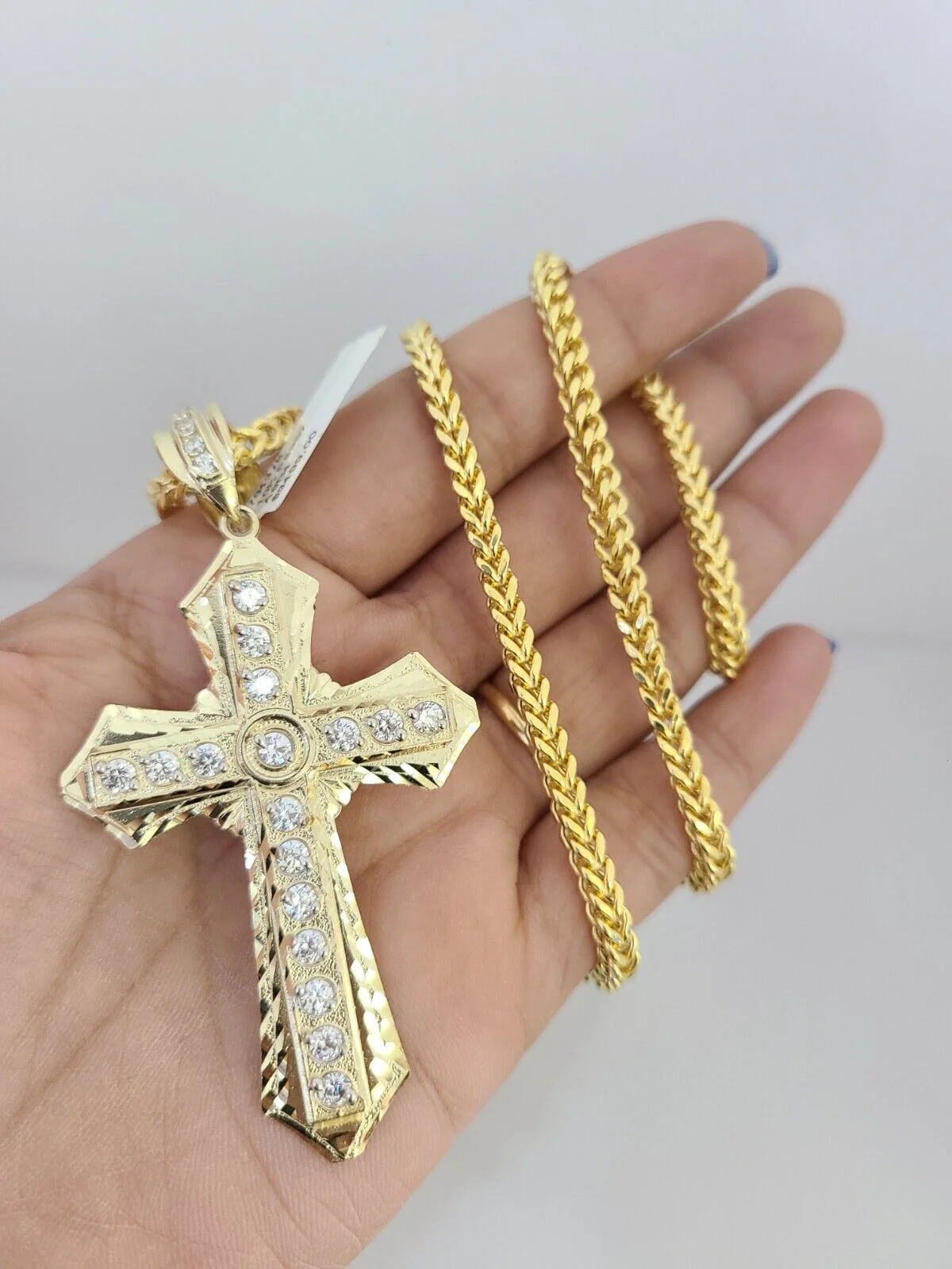 10k Yellow Gold Franco Chain Jesus Cross Charm Pendant 4mm 18-28 Inch Necklace