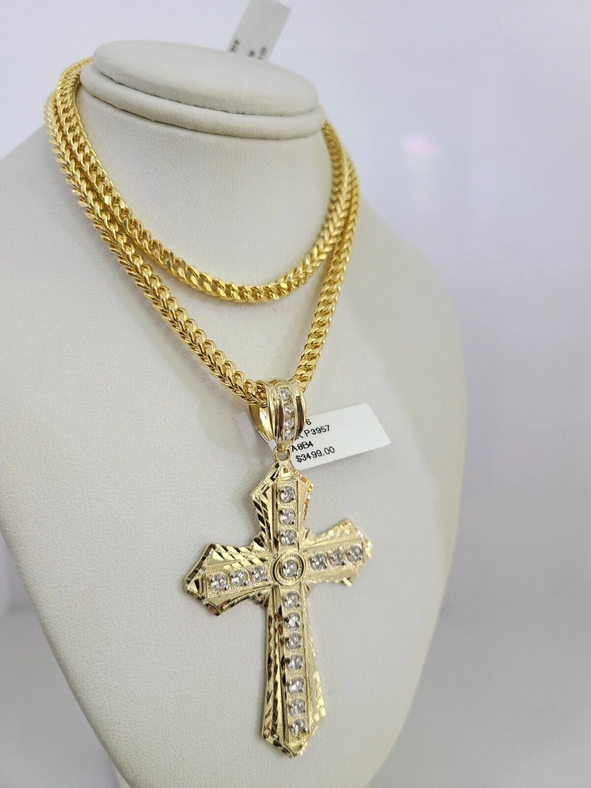 10k Yellow Gold Franco Chain Jesus Cross Charm Pendant 4mm 18-28 Inch Necklace - Image 3