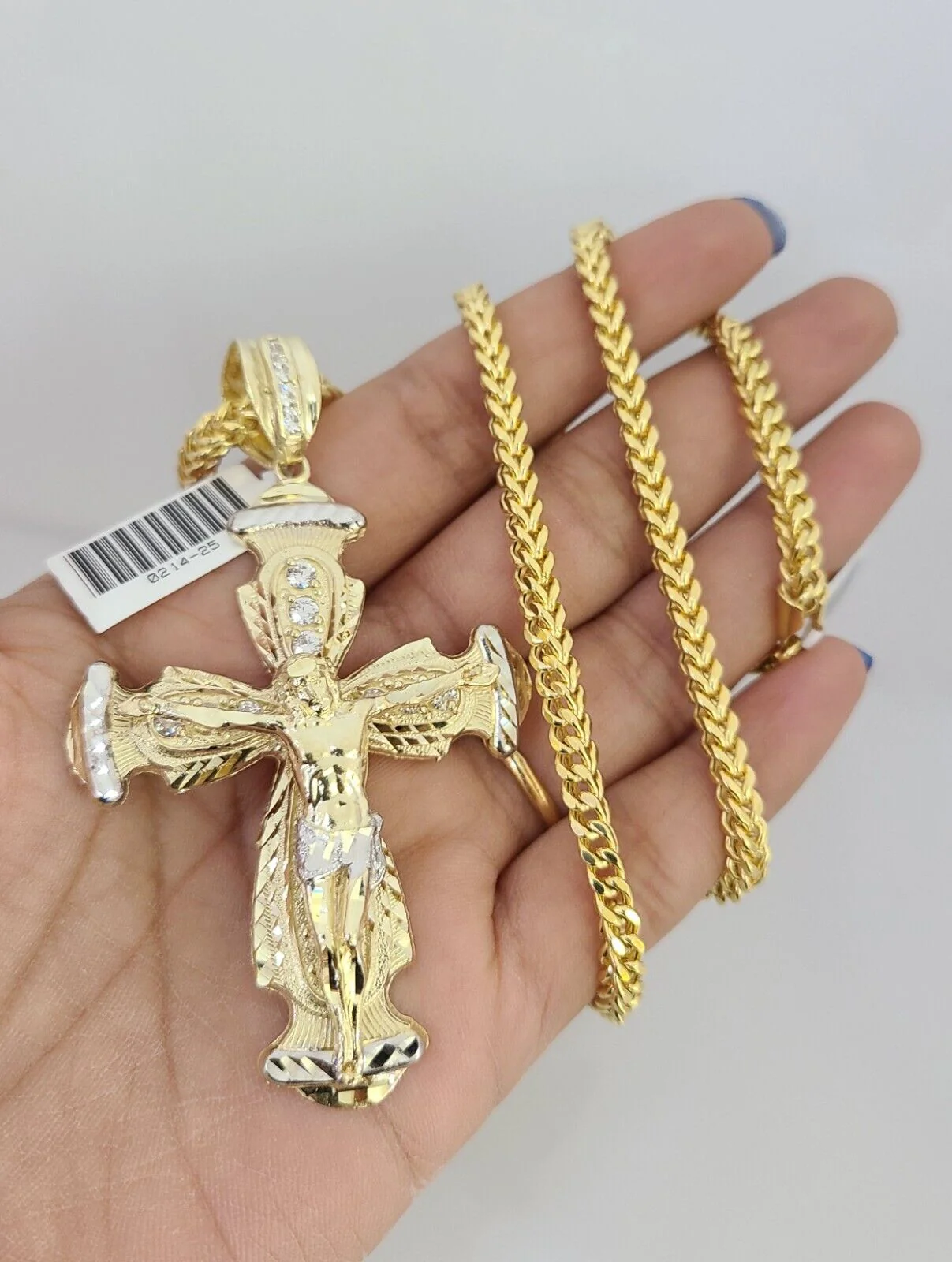 10k Yellow Gold Franco Chain Jesus Cross Charm Pendant 4mm 18-28 Inches Necklace