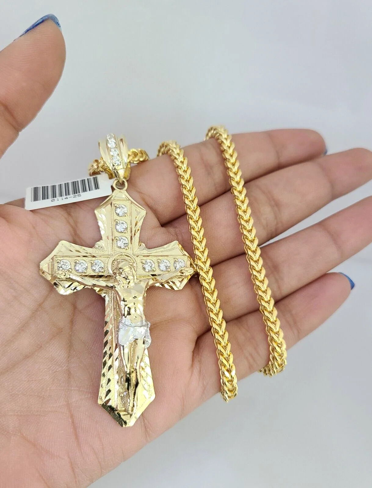 10k Yellow Gold Franco Chain Jesus Cross Charm Pendant 4mm 18-28 Inches Necklace