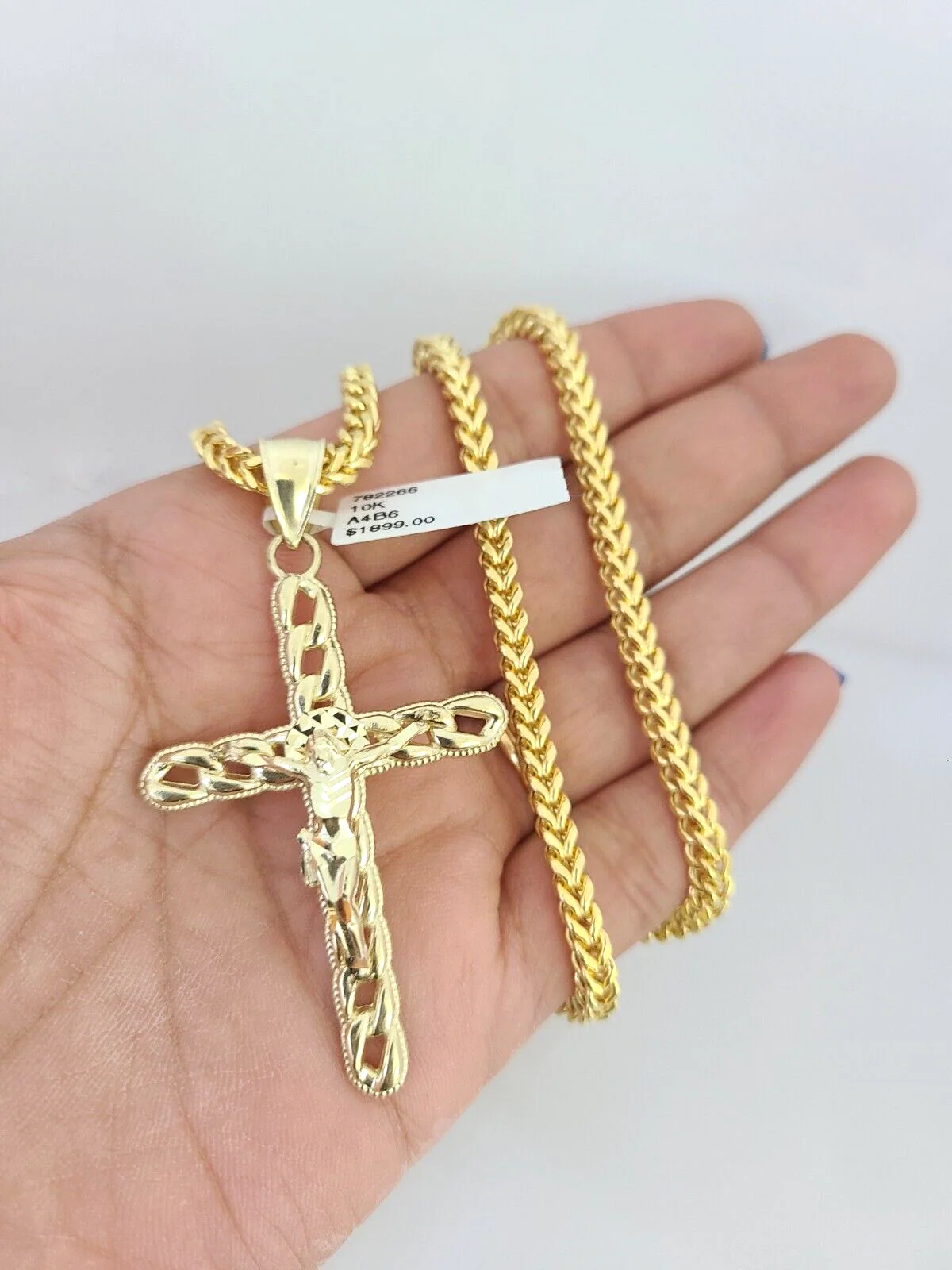 10k Yellow Gold Franco Chain Jesus Cross Charm Pendant 4mm 18-28 Inches Necklace - Image 4