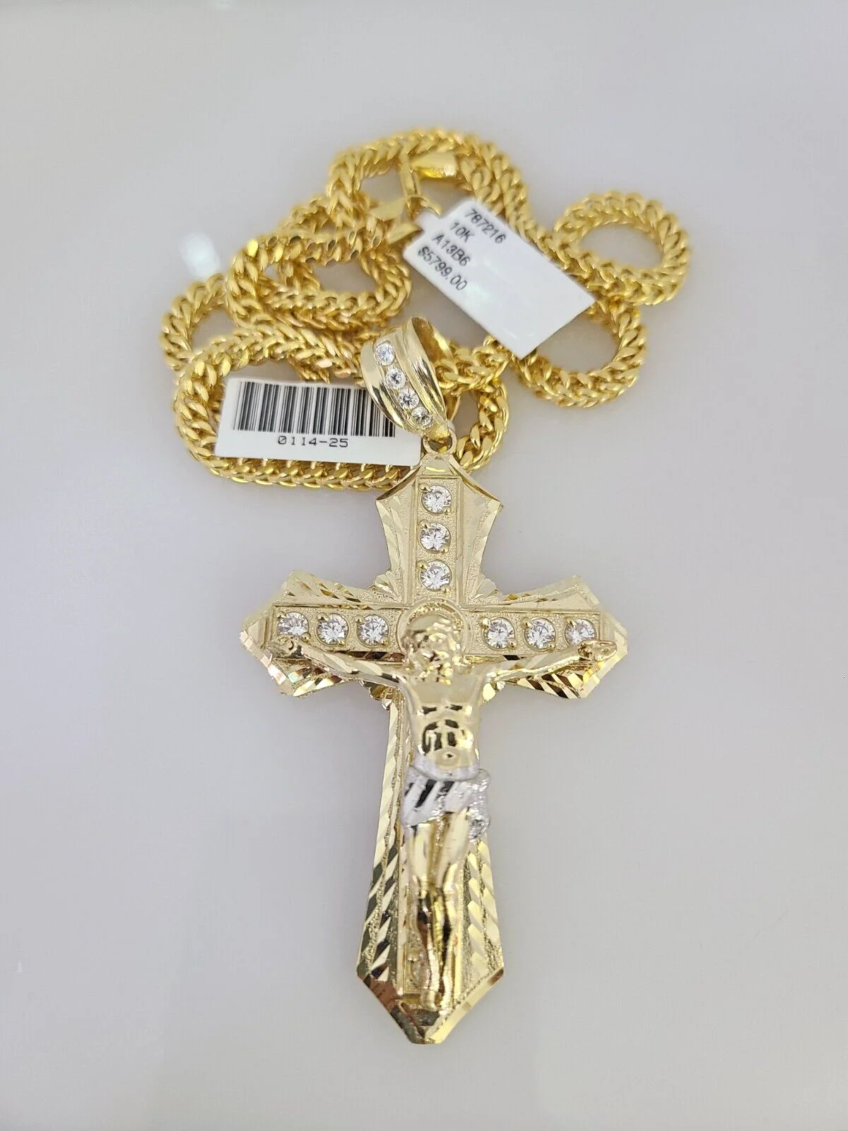 10k Yellow Gold Franco Chain Jesus Cross Charm Pendant 4mm 18-28 Inches Necklace - Image 3