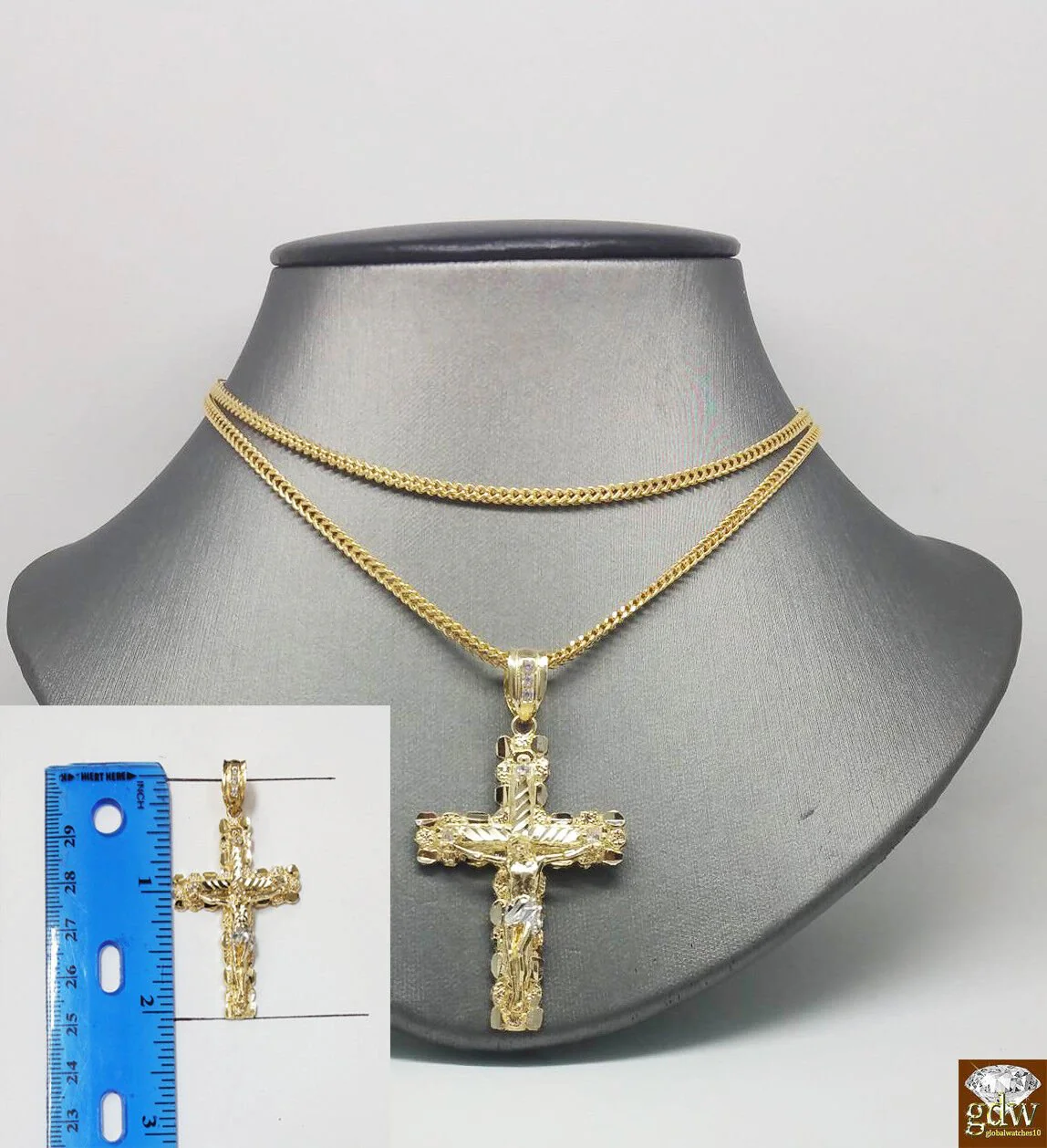 10k Yellow Gold Franco Chain Necklace Cross pendant charm 22" 24" 26"