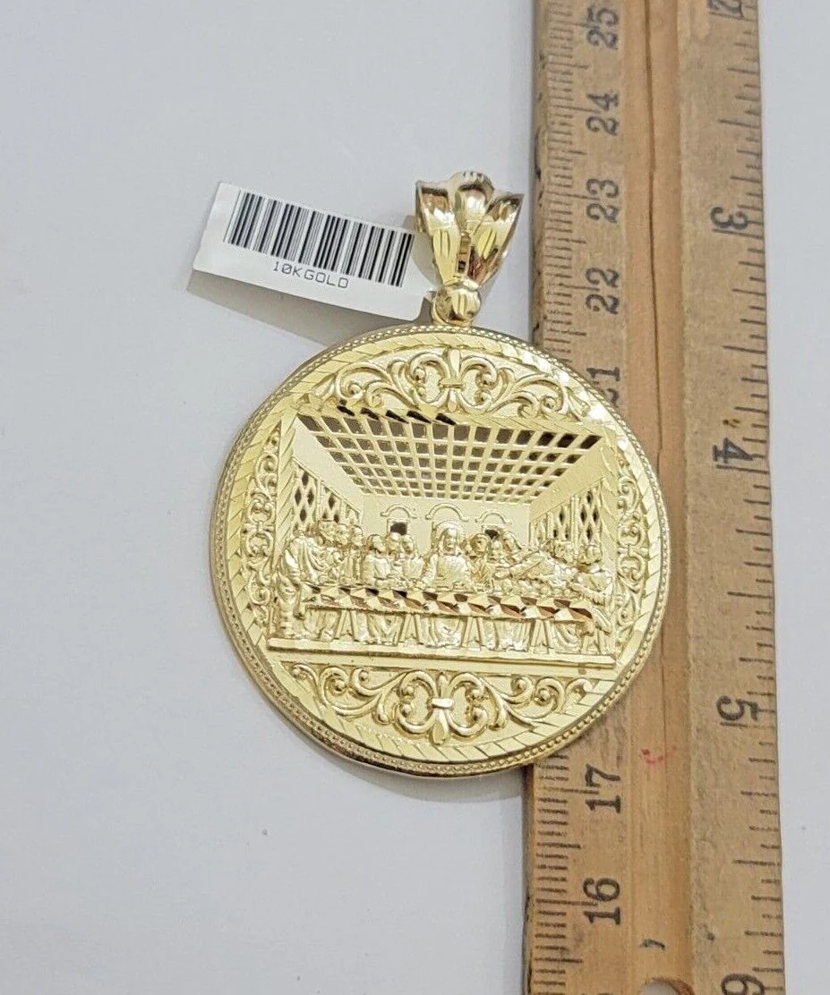 10k Yellow Gold Franco Chain Necklace Last Supper Charm Pendant 3mm 22"Inch SALE - Image 3