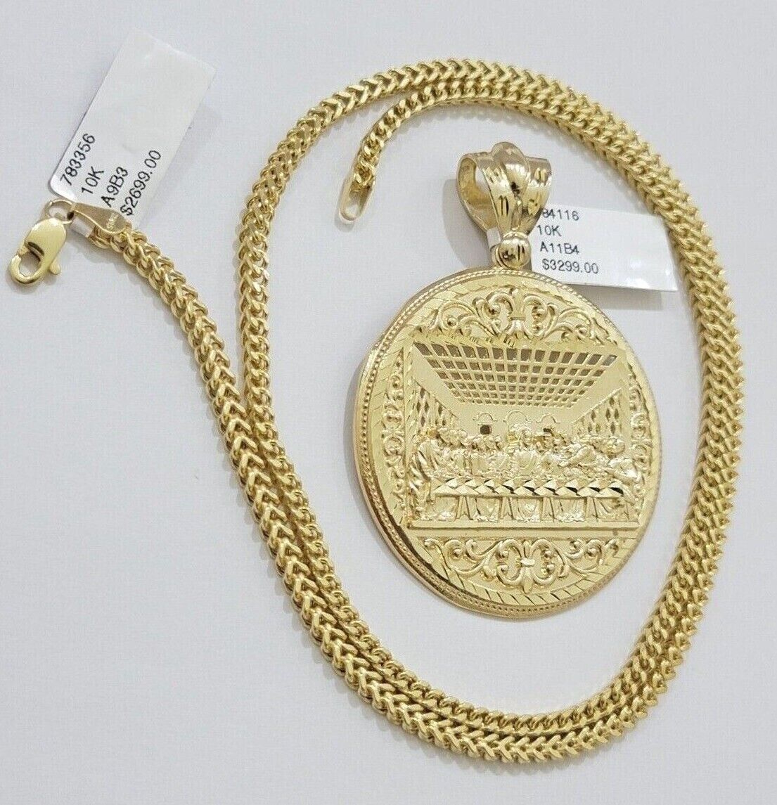 10k Yellow Gold Franco Chain Necklace Last Supper Charm Pendant 3mm 22"Inch SALE - Image 7
