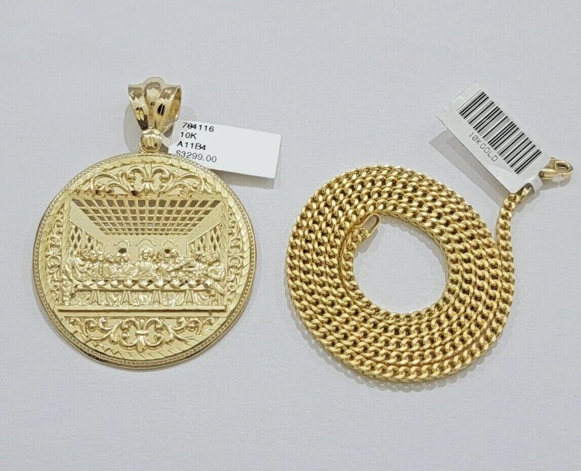 10k Yellow Gold Franco Chain Necklace Last Supper Charm Pendant 3mm 24"Inch 10kt - Image 11