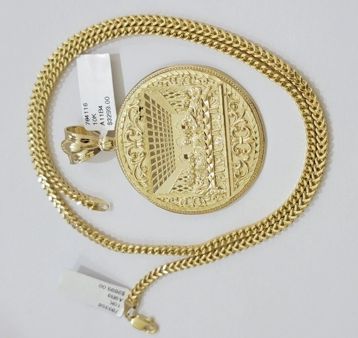 10k Yellow Gold Franco Chain Necklace Last Supper Charm Pendant 3mm 24"Inch 10kt - Image 12