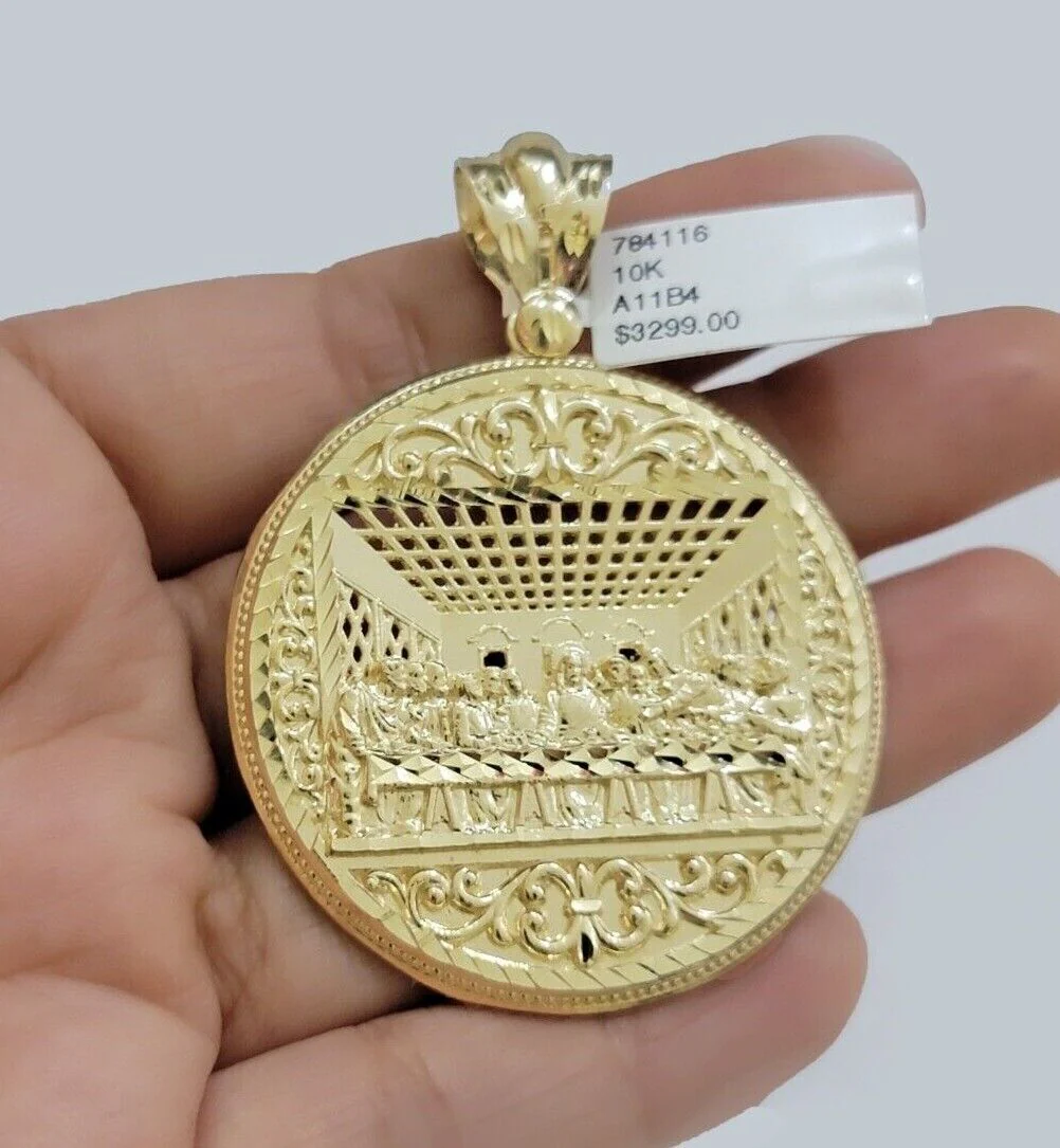 10k Yellow Gold Franco Chain Necklace Last Supper Charm Pendant 3mm 24"Inch 10kt - Image 13