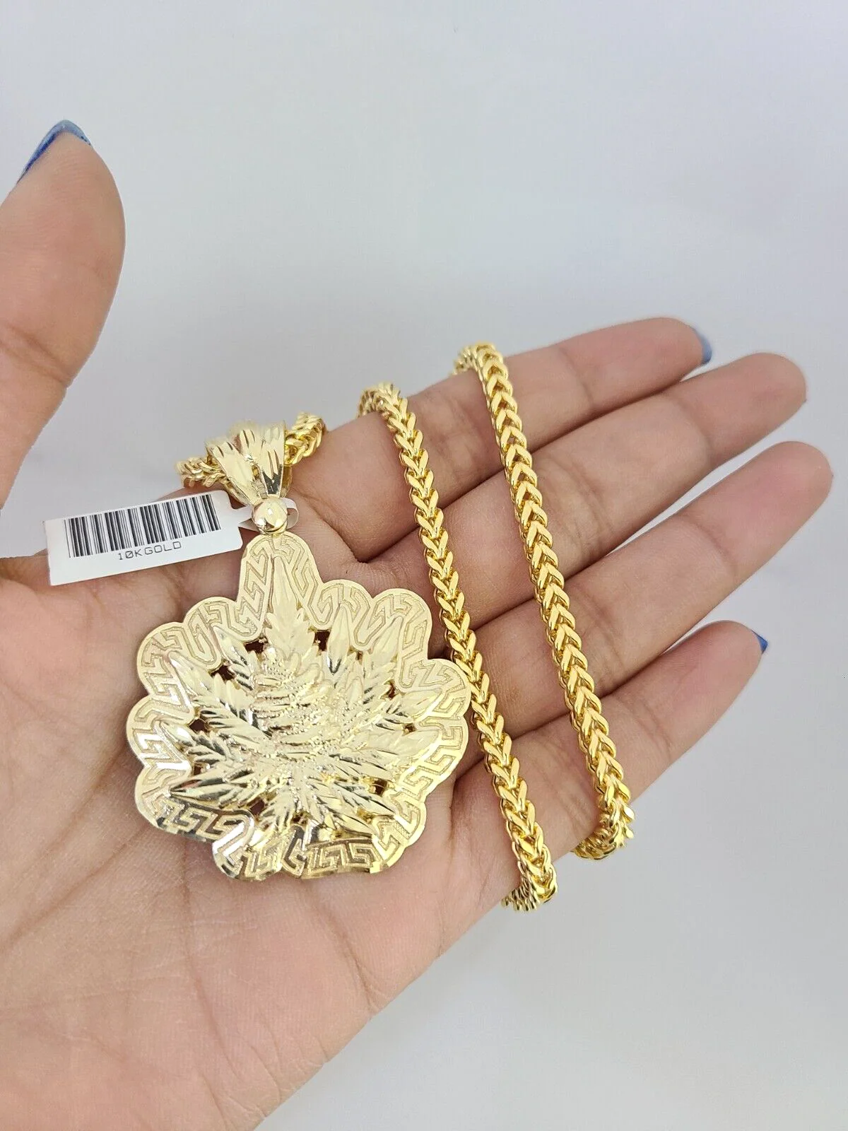 10k Yellow Gold Franco Chain Weed Leaf Charm Pendant 4mm 18-28 Inch Necklace - Image 2