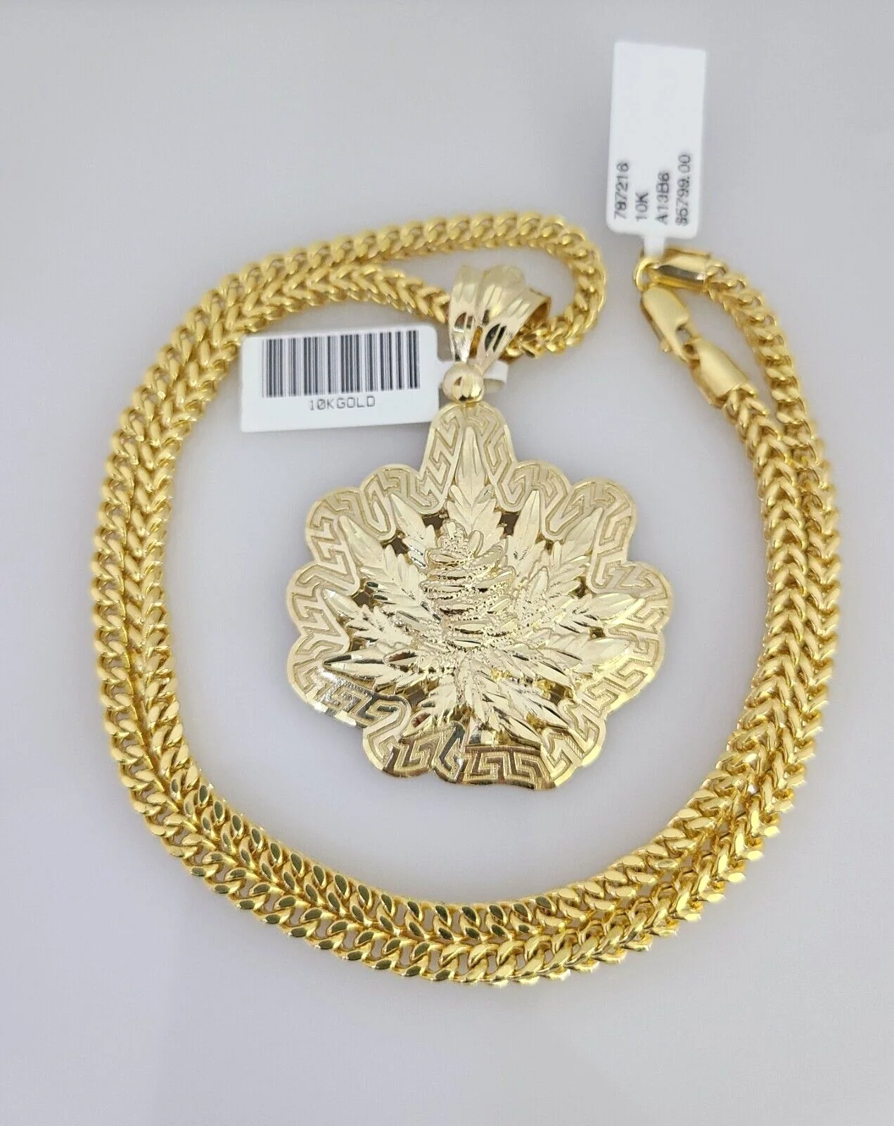 10k Yellow Gold Franco Chain Weed Leaf Charm Pendant 4mm 18-28 Inch Necklace - Image 3