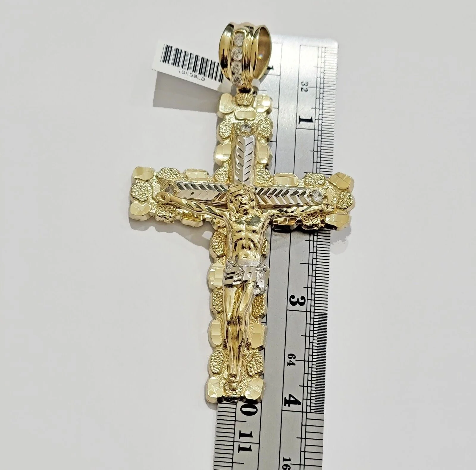 10k Yellow Gold Jesus Cross Charm pendant 4" Inch Mens With Stone, Real 10kt for Sale - Image 3