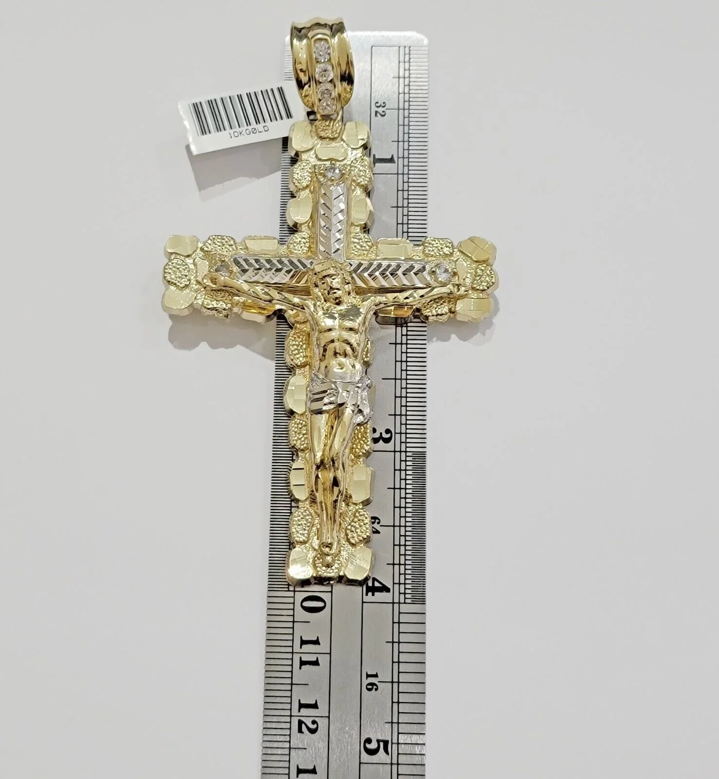 10k Yellow Gold Jesus Cross Charm pendant 4" Inch Mens With Stone, Real 10kt for Sale - Image 4