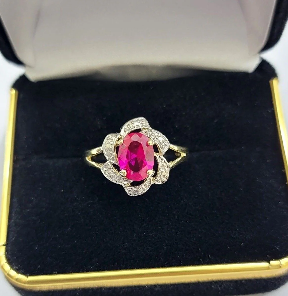 10k Yellow Gold Ladies Ruby Red Ring Women's Casual Band Real 10kt Flower Design Ring Sizes 6,7,8,9,10,11 & 12