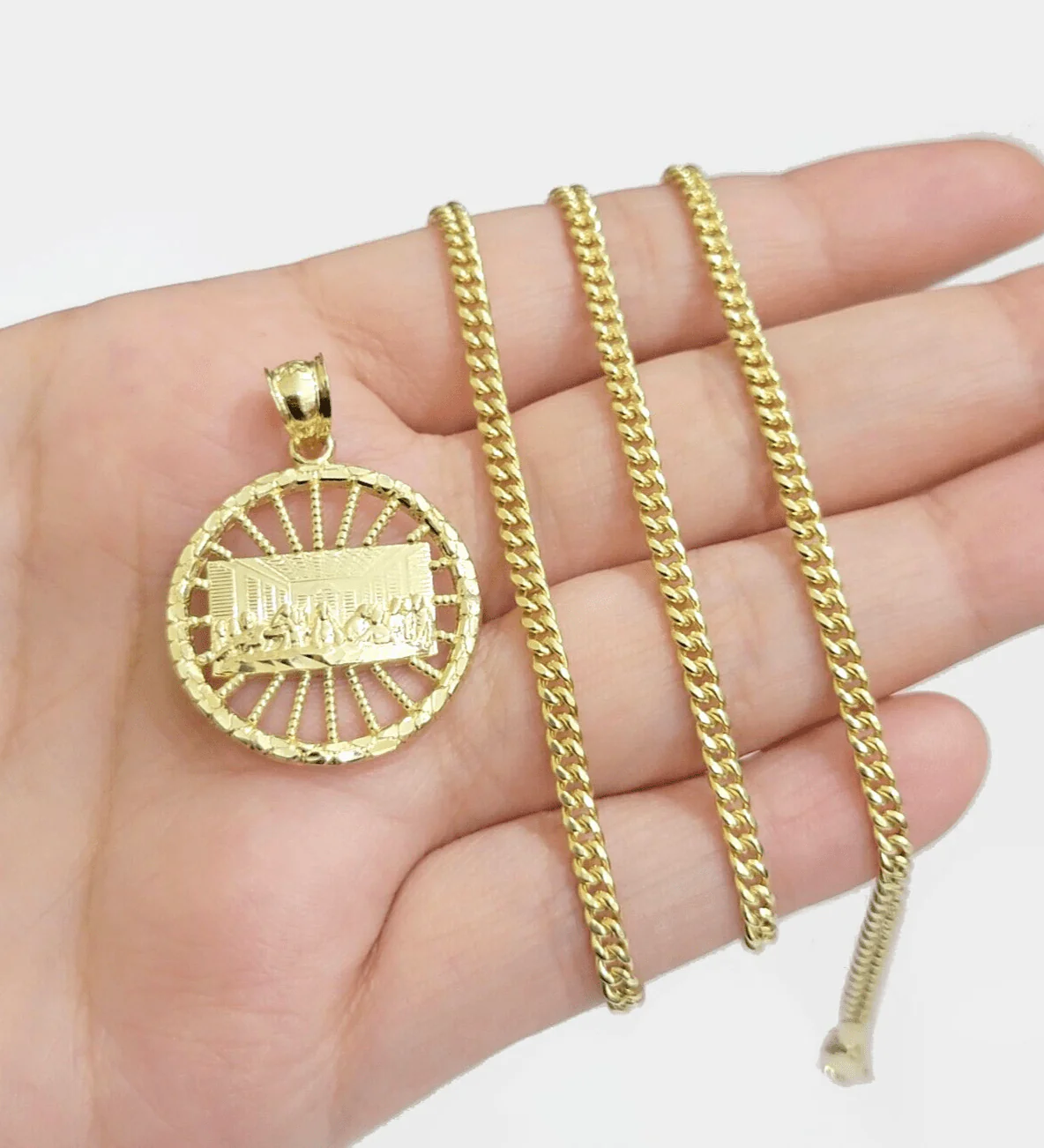 10k Yellow Gold Last Supper Charm Miami Cuban Chain 18'' 10kt Pendant Necklace - Image 9