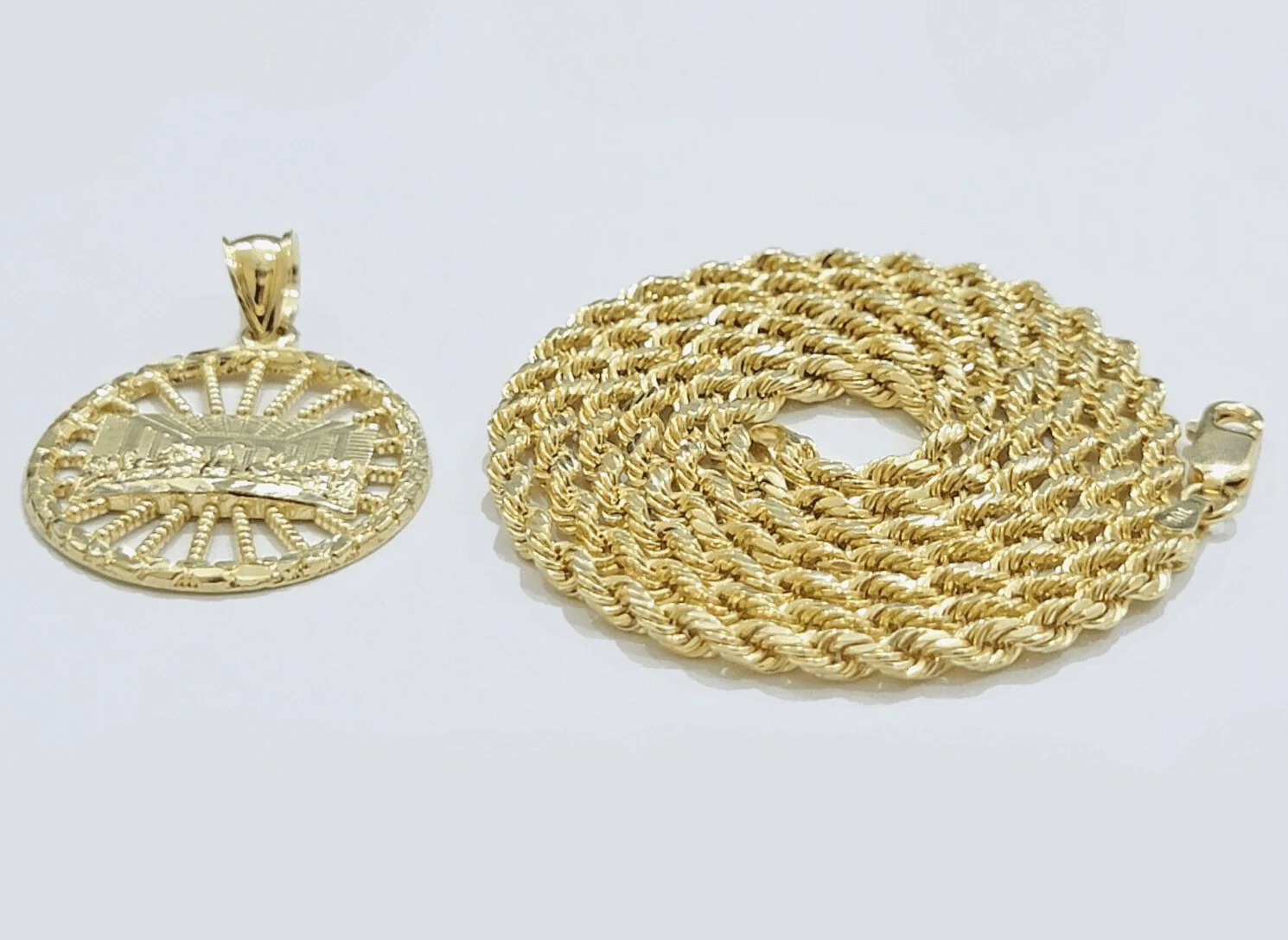 10k Yellow Gold Last Supper Charm Rope Chain 22'' 10kt Circle Pendant Necklace - Image 14