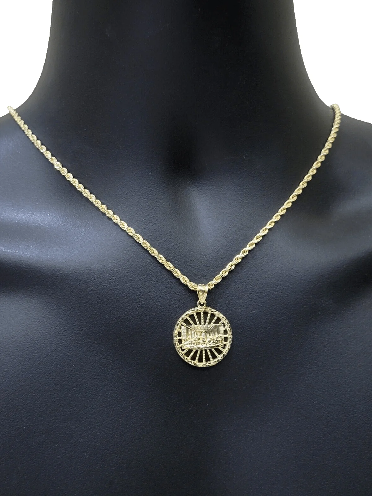 10k Yellow Gold Last Supper Charm Rope Chain 22'' 10kt Circle Pendant Necklace - Image 16