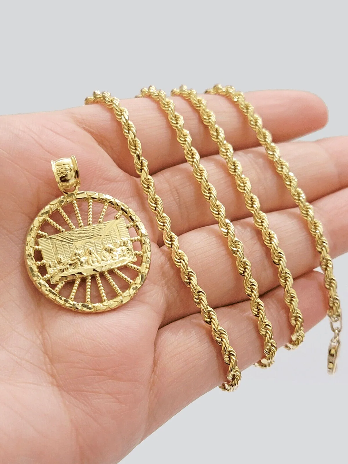10k Yellow Gold Last Supper Charm Rope Chain 22'' 10kt Circle Pendant Necklace - Image 18