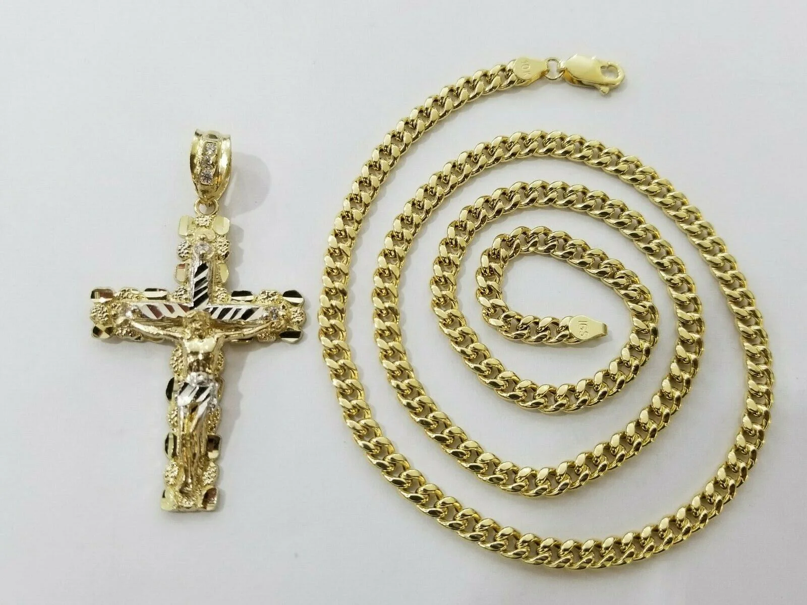 10k Yellow Gold Link Chain Pendant 5mm 18"-28" Miami Cuban Necklace Cross Charm - Image 9