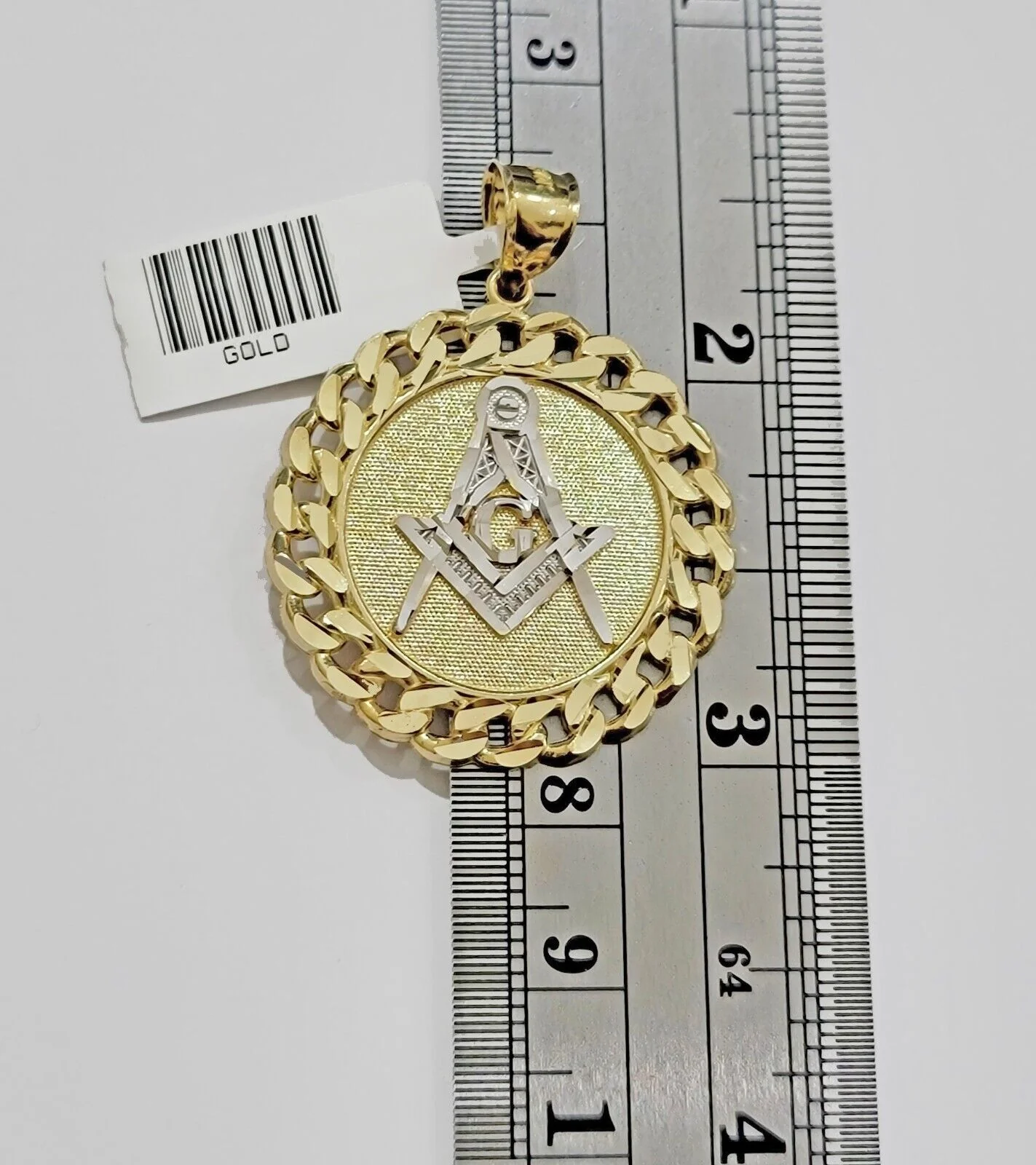 10k Yellow Gold masonic Charm pendant with cuban link circular Christmas Sale - Image 3