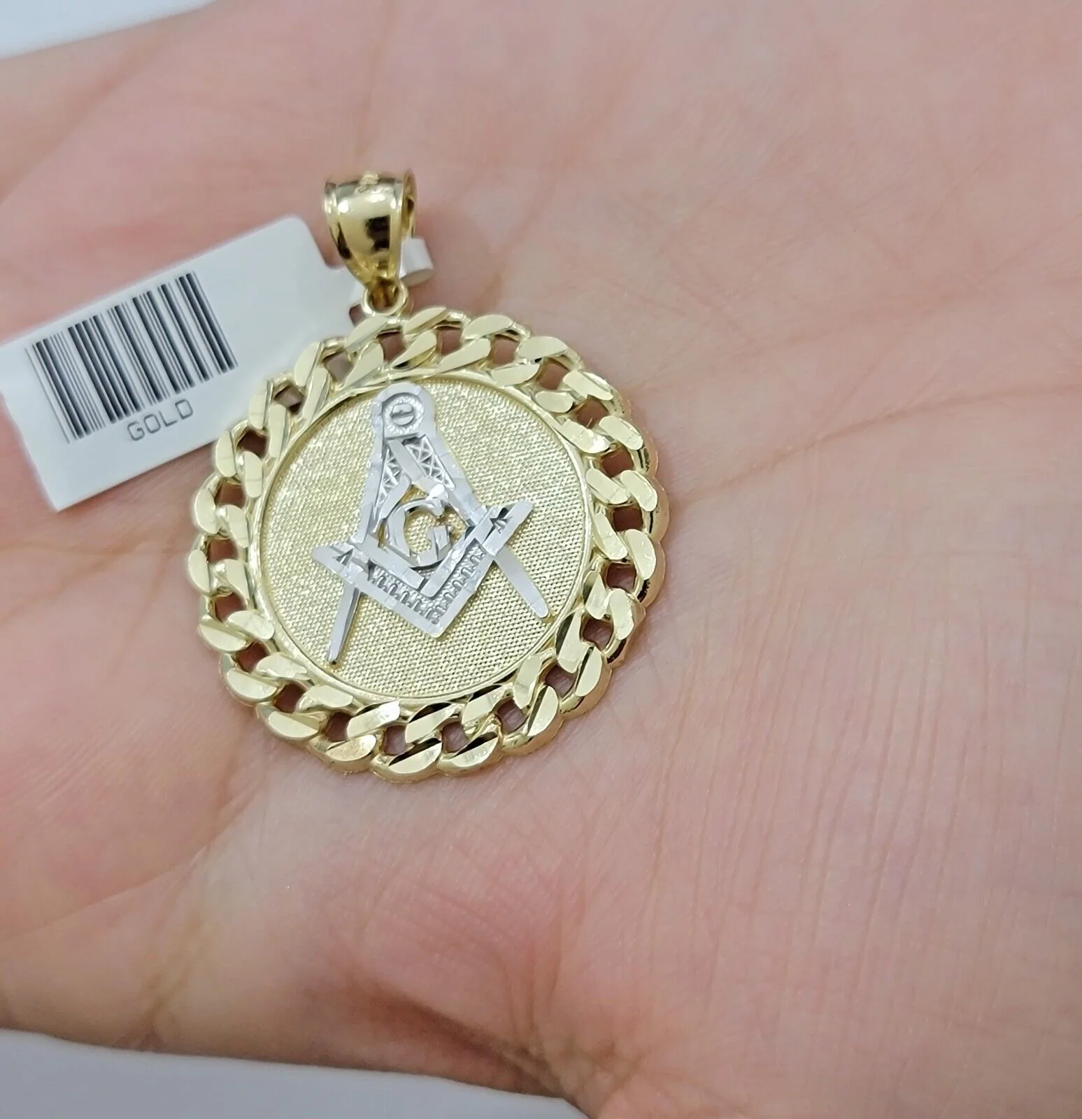 10k Yellow Gold masonic Charm pendant with cuban link circular Christmas Sale - Image 4