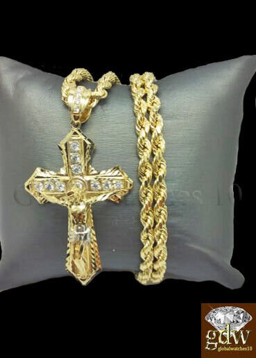 10k Yellow Gold Men Cross Charm Pendant Diamond Cut Angel Jesus Crucifix - Image 7