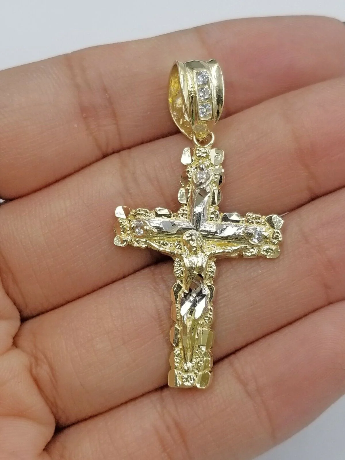 10k Yellow Gold Men Crucifix Cross Charm Pendant Diamond Cut Jesus REAL