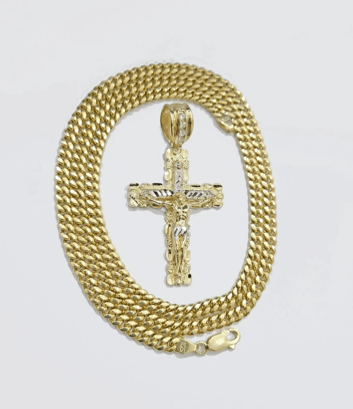 10k Yellow Gold Miami Cuban Chain 5mm 18" inch Necklace Jesus Cross Charm Real - Image 2