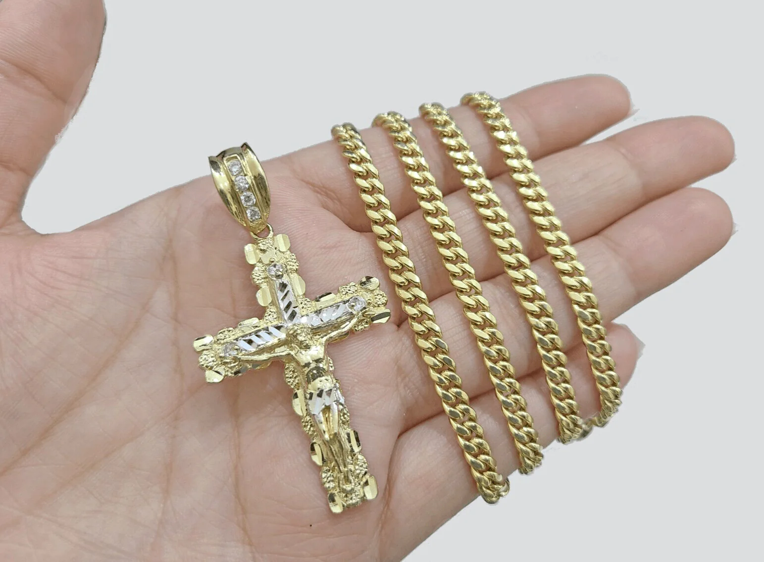 10k Yellow Gold Miami Cuban Chain 5mm 24" inch Necklace Jesus Cross Charm Real - Image 4