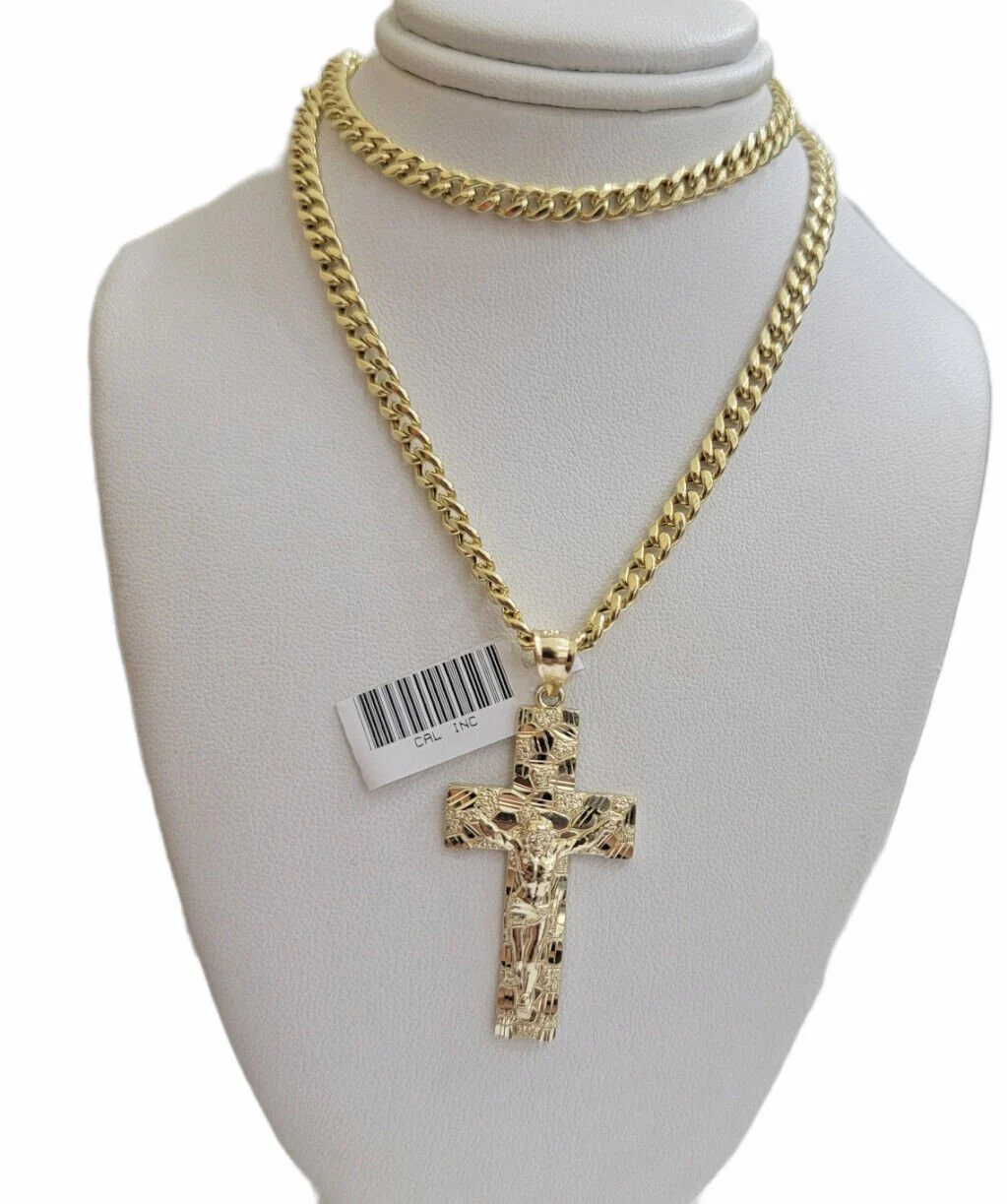 10k Yellow Gold Miami Cuban link Chain Nugget Charm Pendant Necklace 5mm 18"-28" - Image 5
