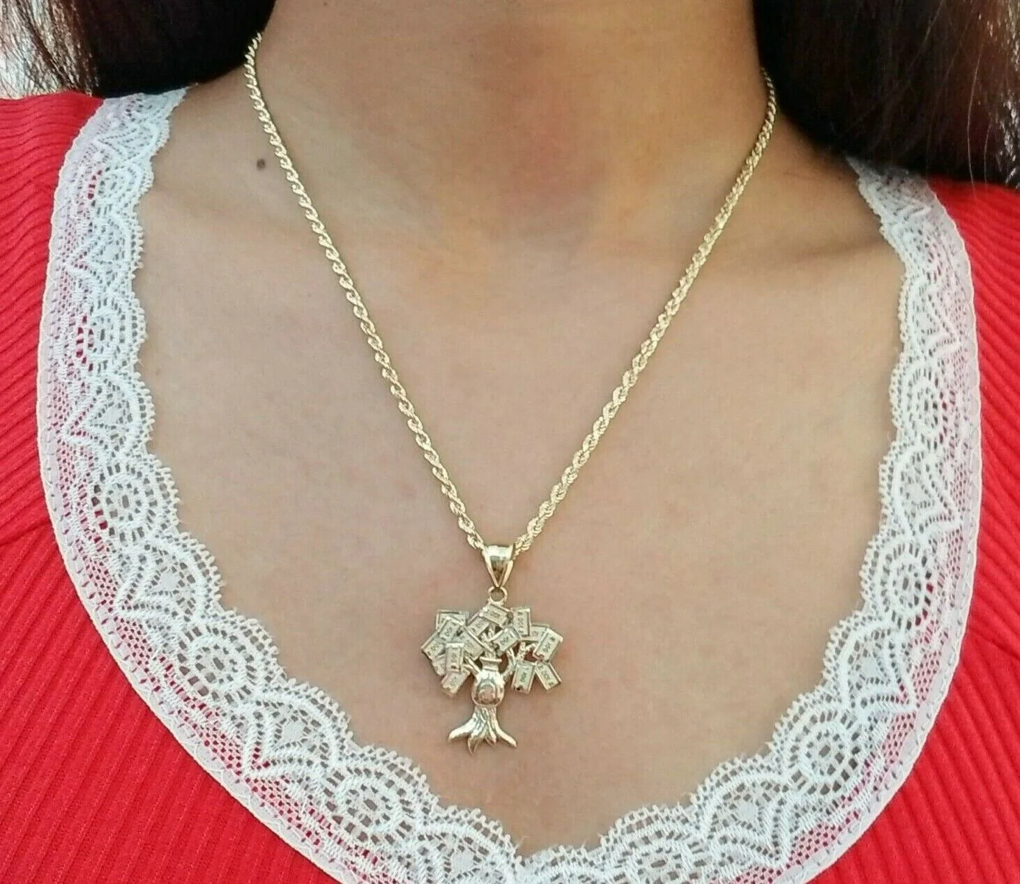 10k Yellow Gold Money Tree Pendant with 18 inch rope chain 3mm 10kt gold set - Image 2