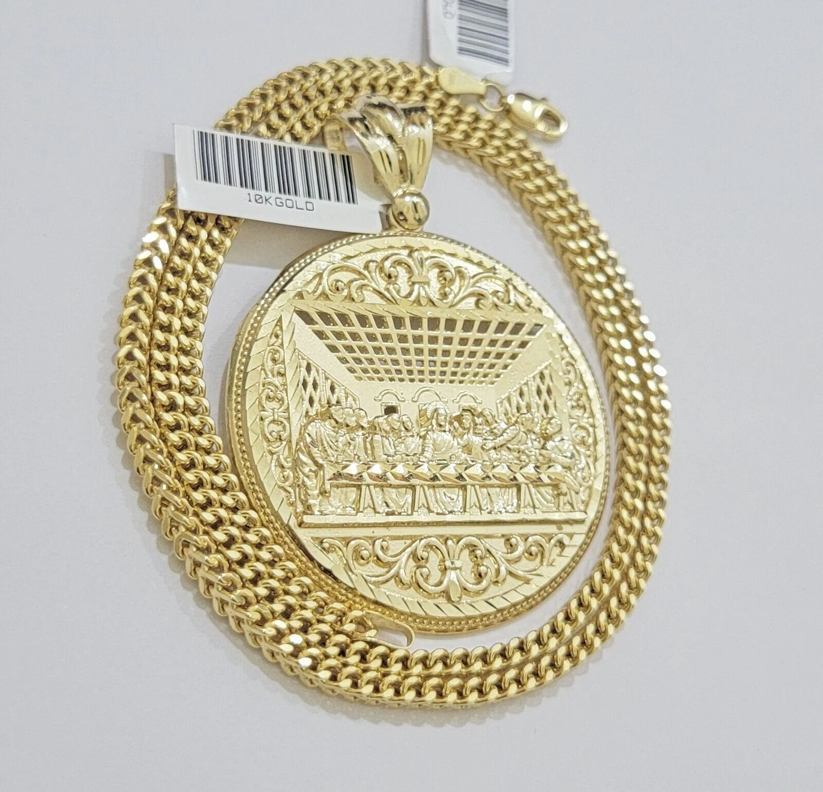 10k Yellow Gold Necklace 22" Franco Chain & Last Supper Charm Pendant SET REAL - Image 6